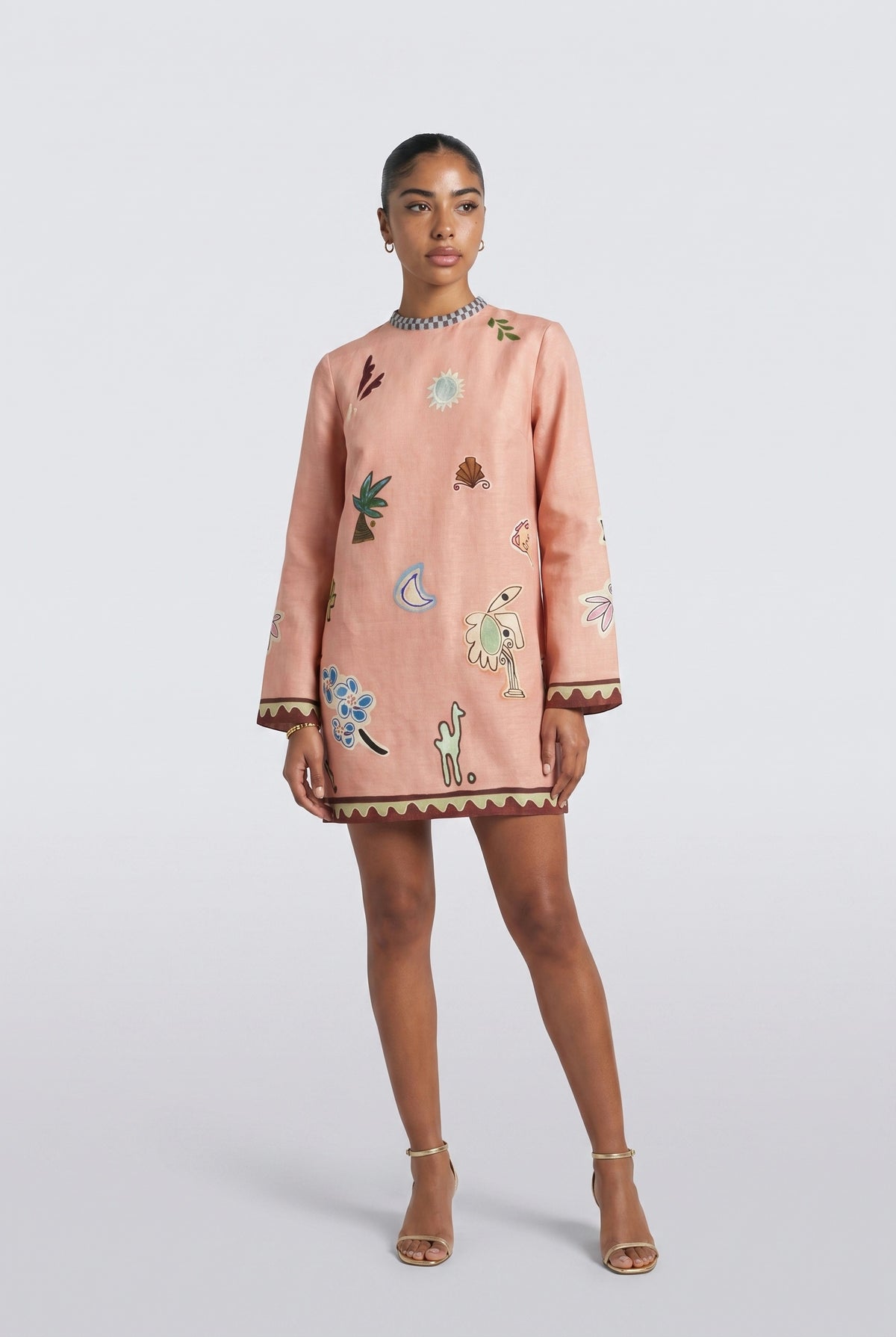 Pink Print Linen Mini Dress, pink