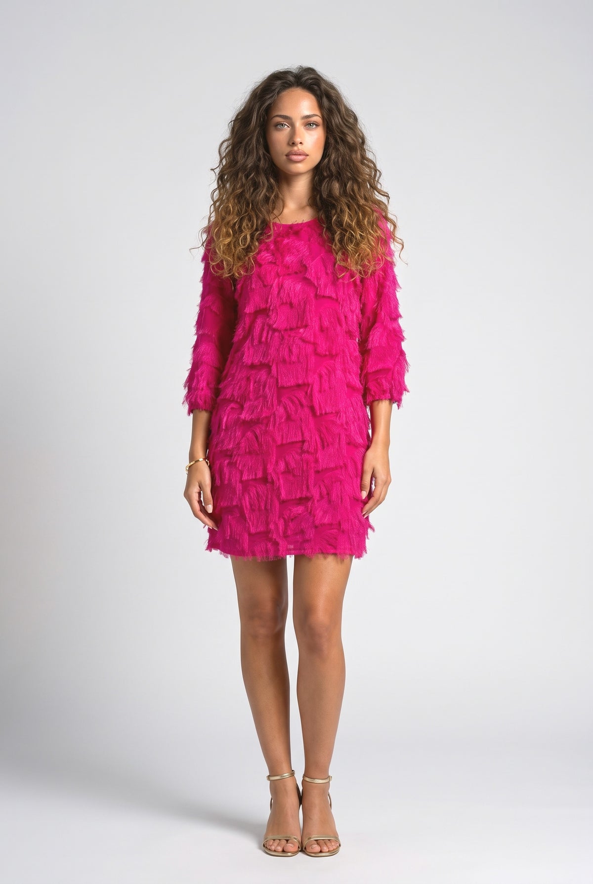 Fringed Mid-length Sleeve Mini Dress, pink