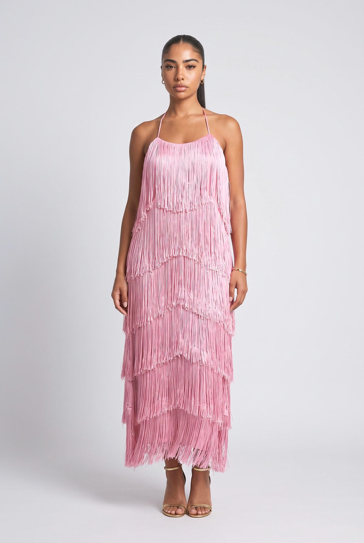 One-Shoulder Tiered Maxi Dress, pink