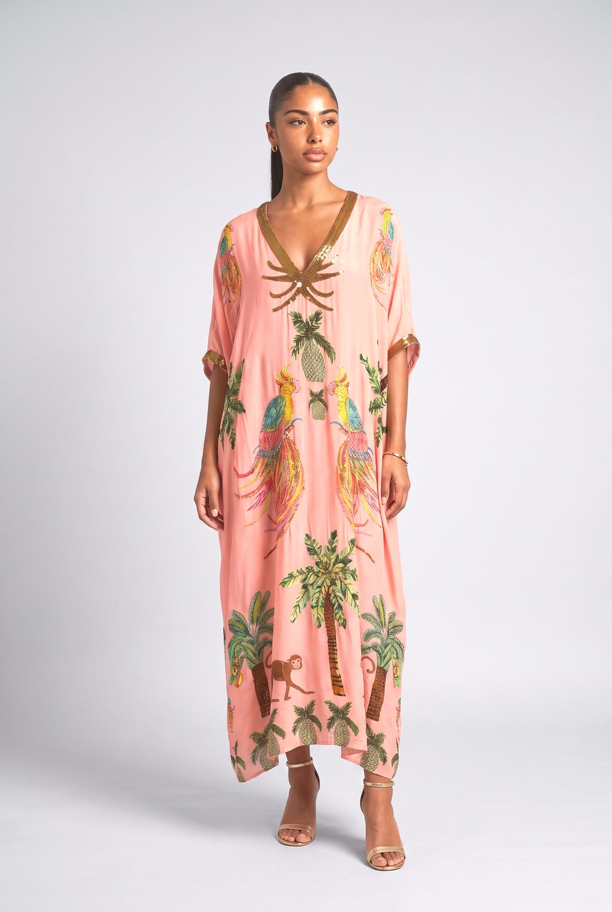 Drop Shoulder Sleeve Coconut Tree Printed Dress, pink