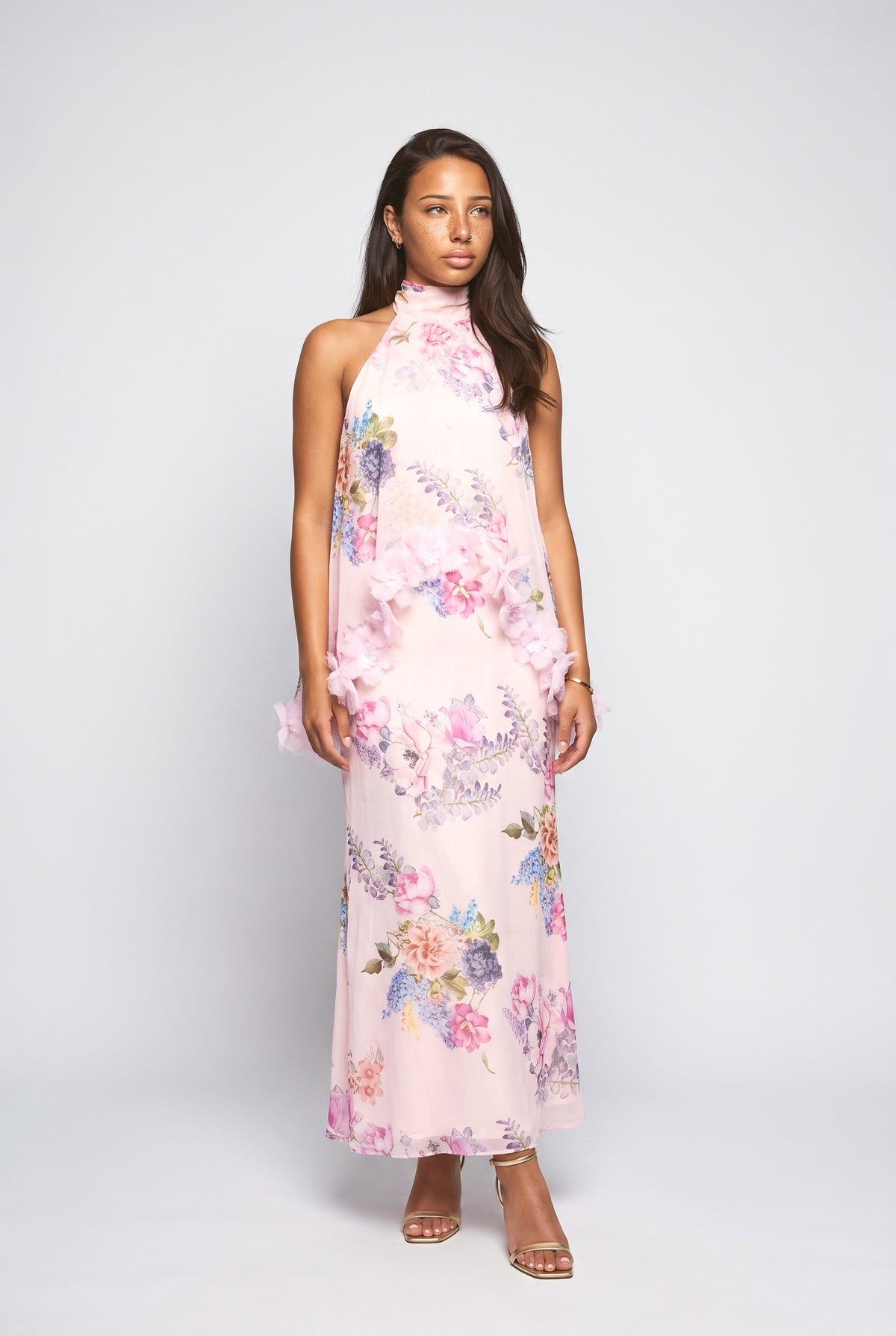 Pink Floral Halter Neck Maxi Dress, pink