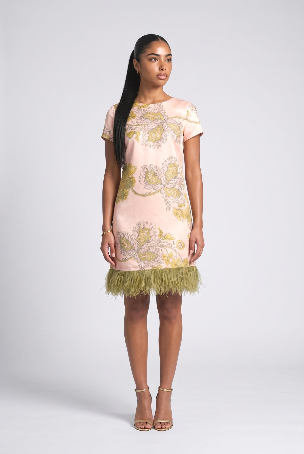 Pink Print Satin Fringe Mini Dress, pink