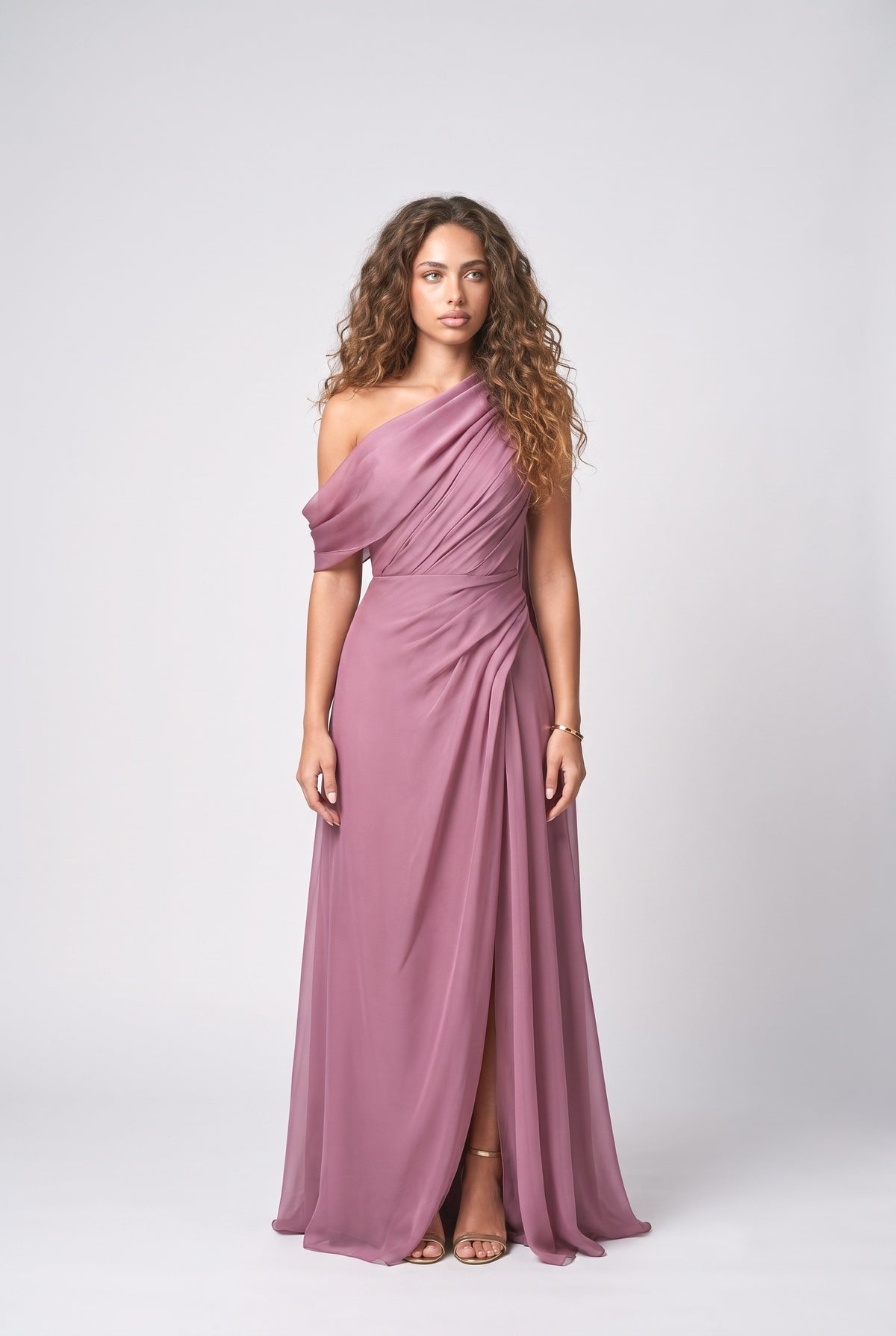 Pink One-Shoulder Draped Maxi Dress, pink