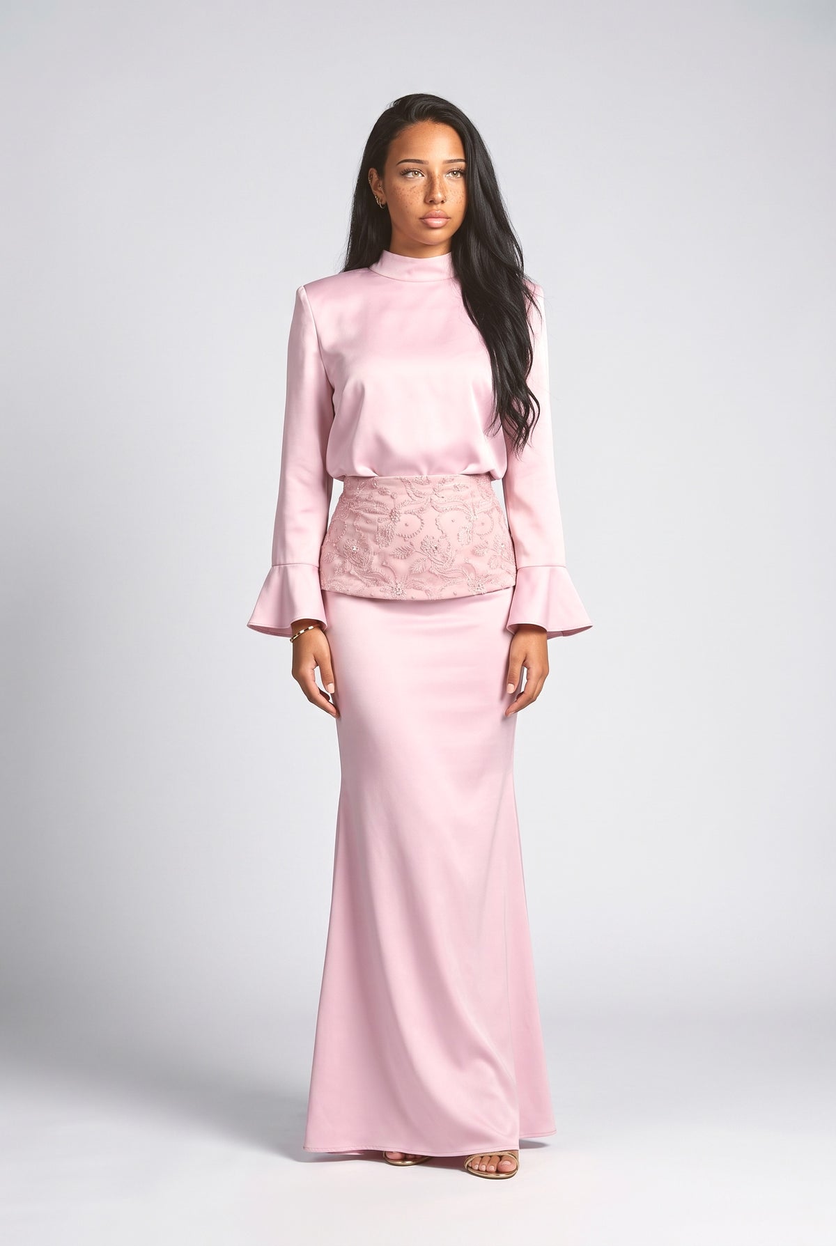 Satin Top & Embroidered Waistband Skirt Two-Piece Set, pink