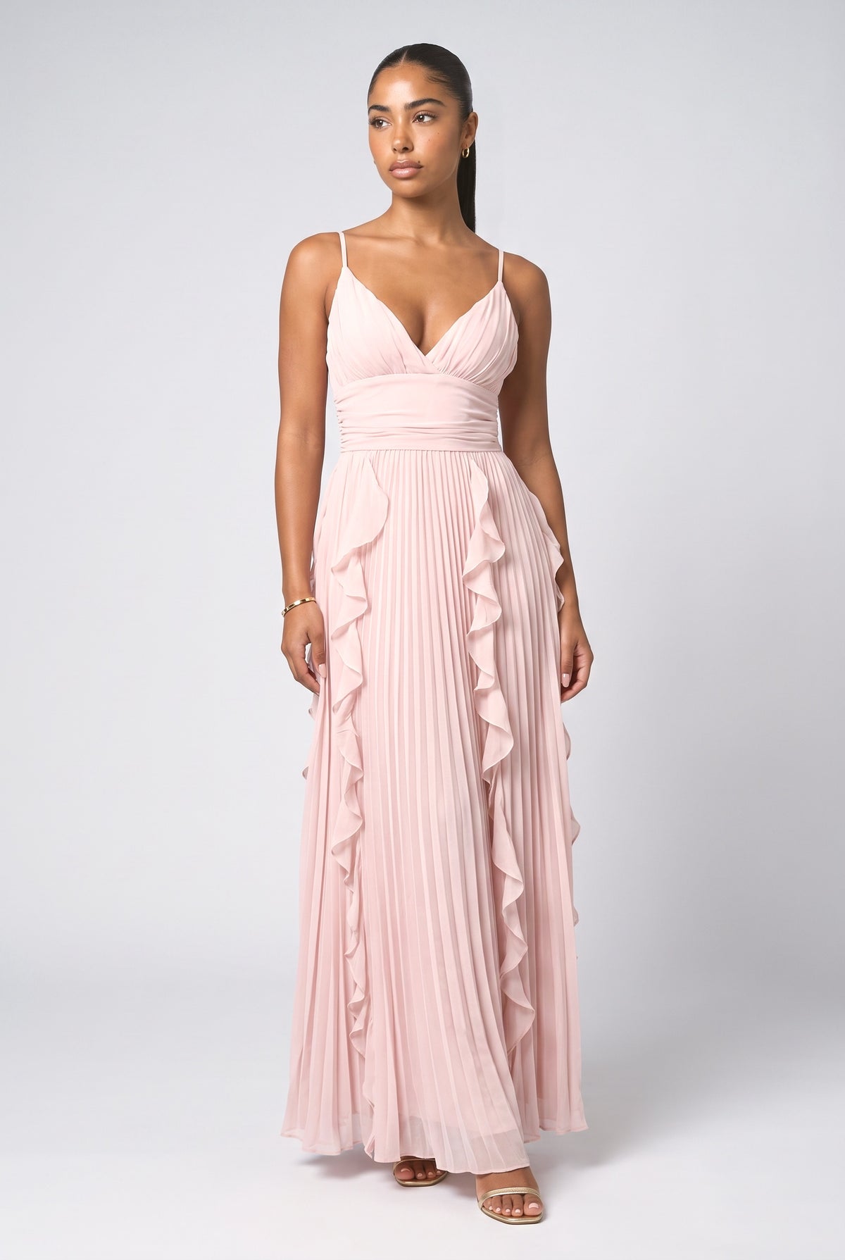 Chiffon Strappy Pleated Maxi Dress, pink