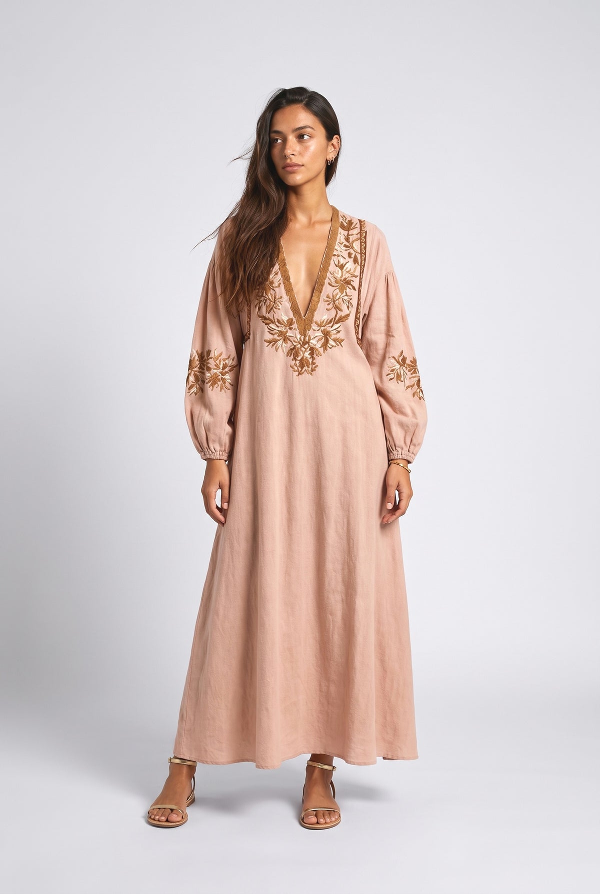 Pink Floral V-Neck Puff Sleeve Maxi Dress, pink