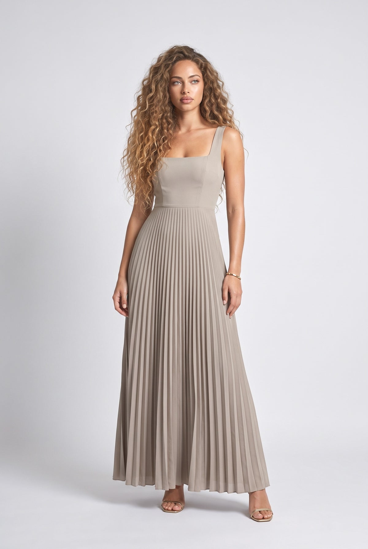 Square Neck Pleated Maxi Dress, pink