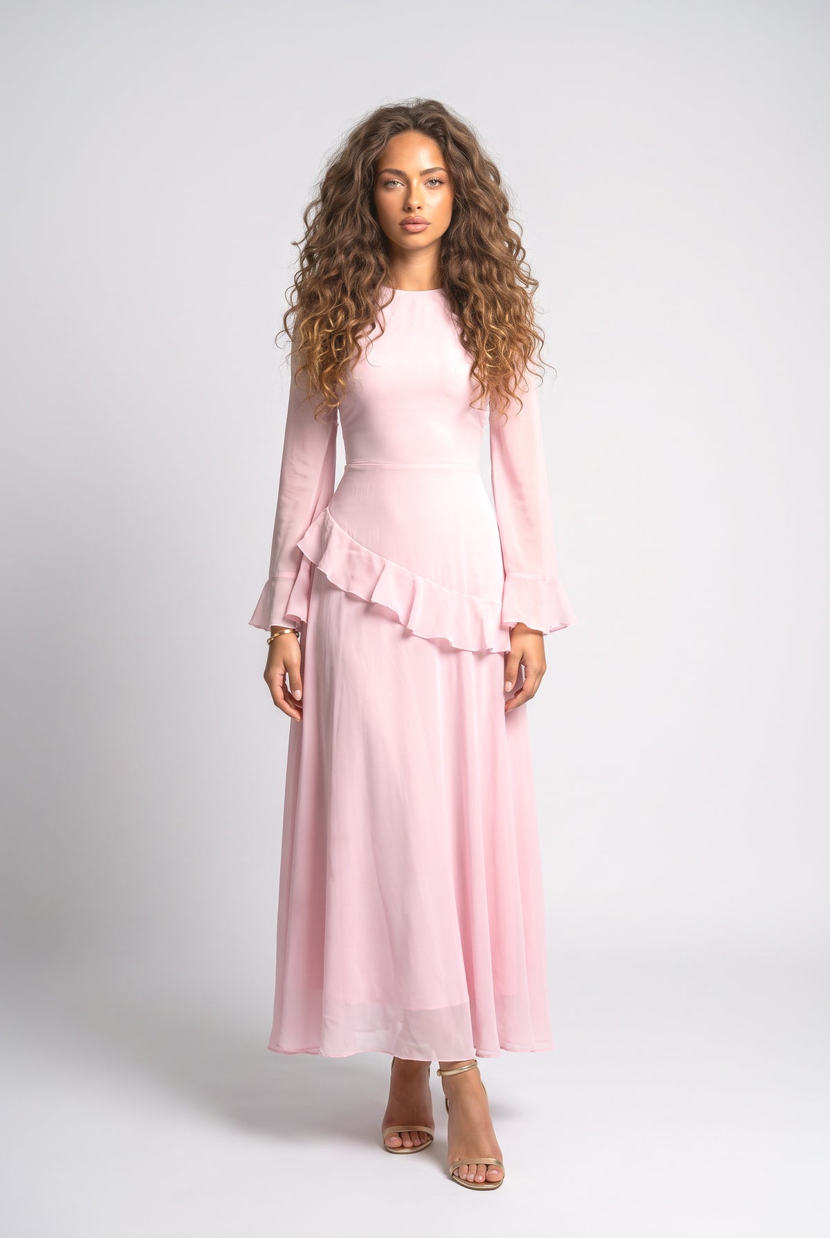 Ruffled Long Sleeve Maxi Dress, pink