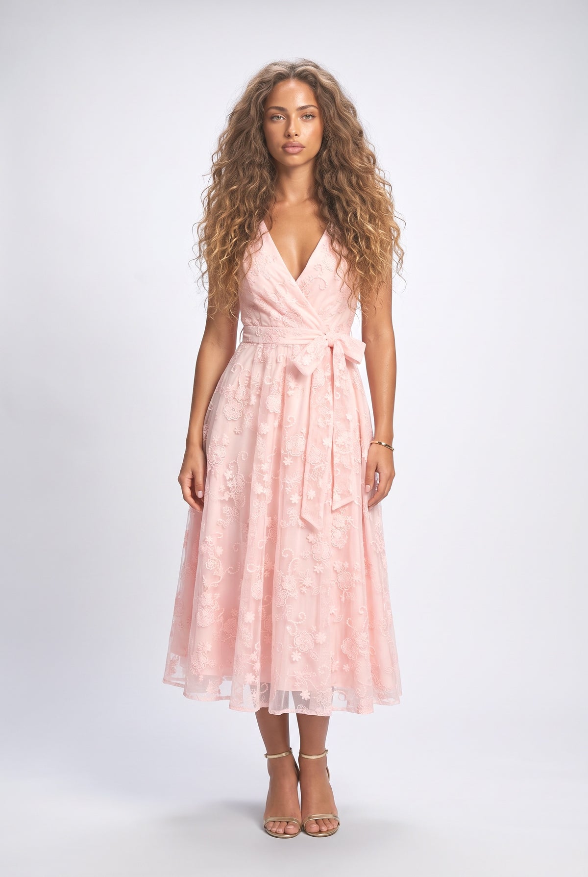 Lace V-Neck Midi Dress, pink