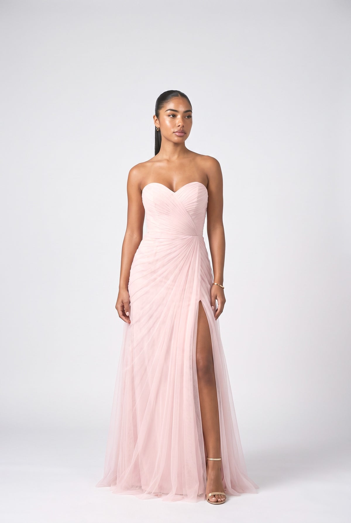Pink Tulle Strapless Pleated Maxi Dress, pink