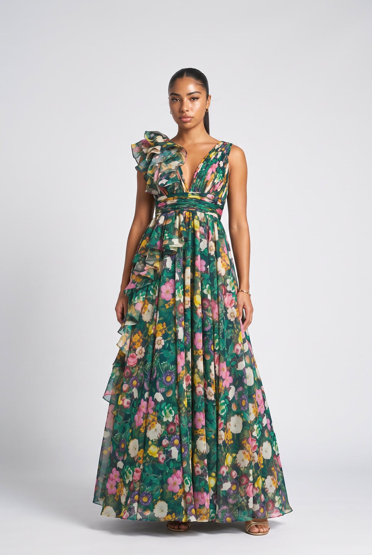 V-Neck Printed Maxi Dress, printed