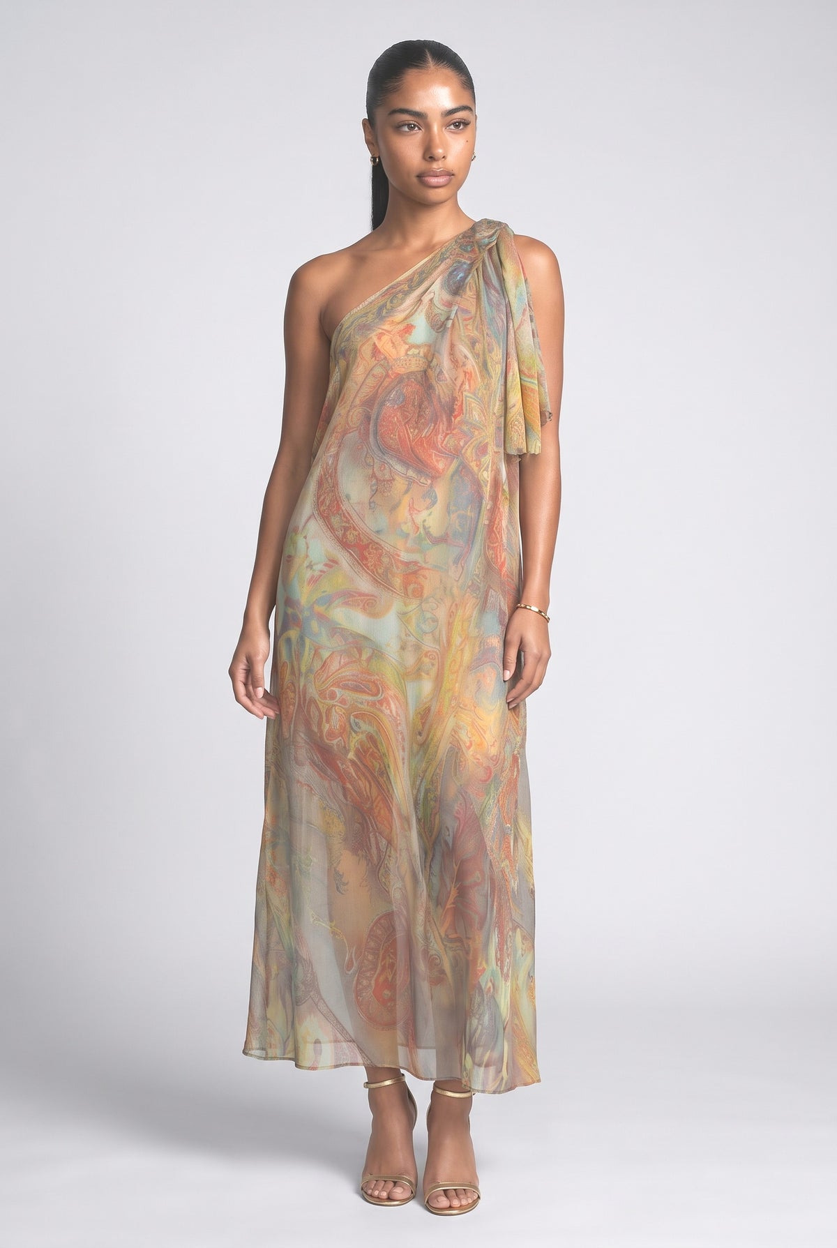 Multicolor Print Off-Shoulder Maxi Dress, printed
