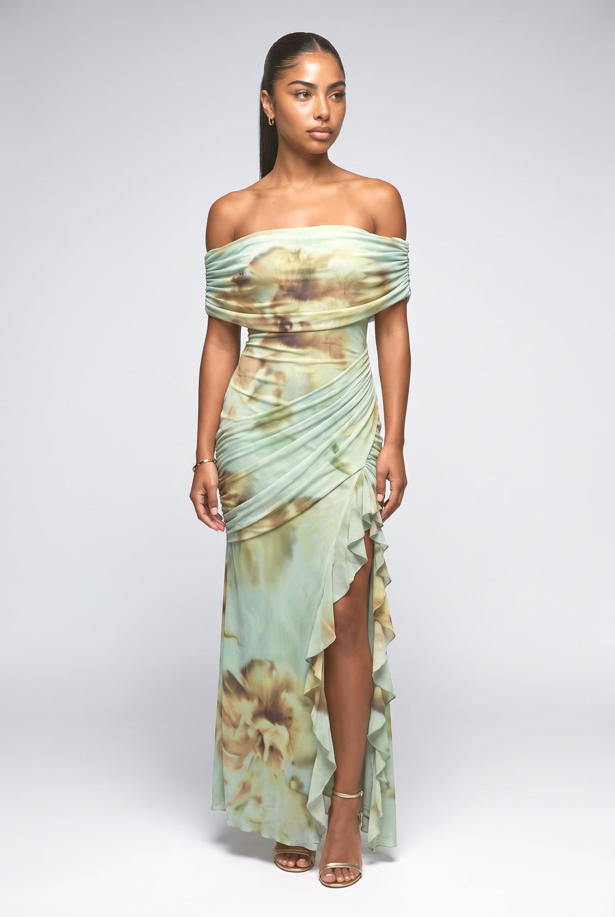 Multicolor Print Off-Shoulder Slit Maxi Dress, printed
