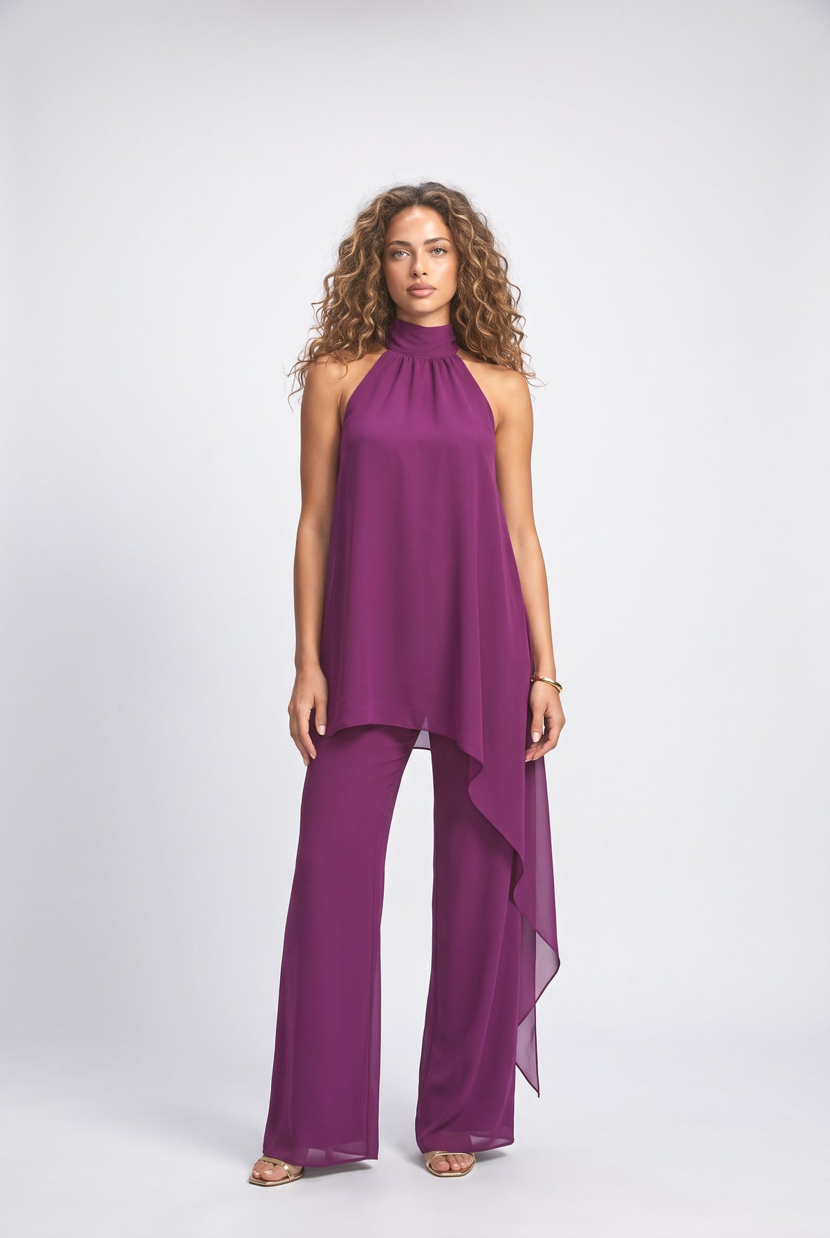 Chiffon Halter Neck Asymmetric Outfit Set, purple