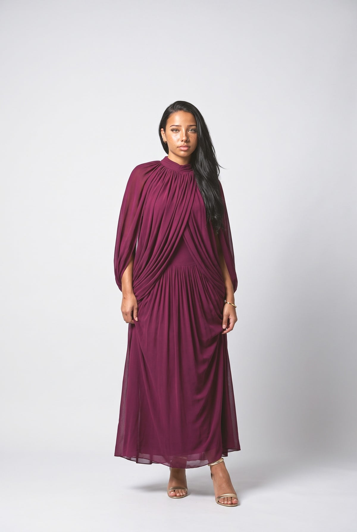 Draped Cape Sleeve Pleated Maxi Dress, purple