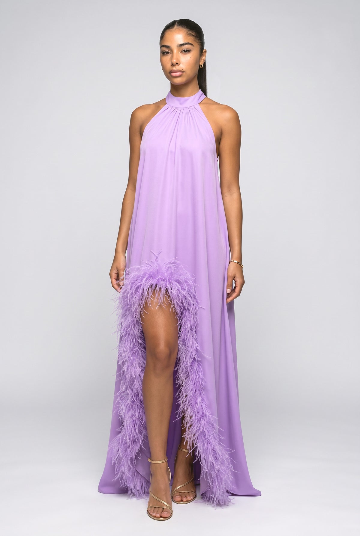 Satin Halter Neck Sleeveless Feather Trim Maxi Dress, purple