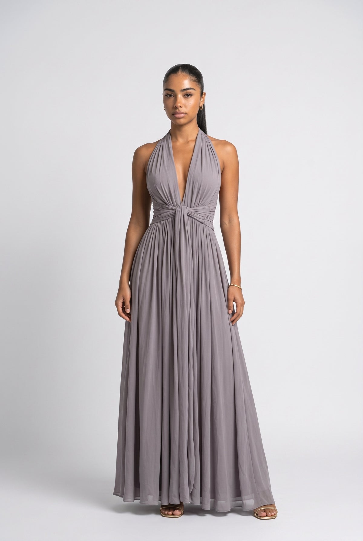 Purple Halter Neck Ruched Maxi Dress, purple