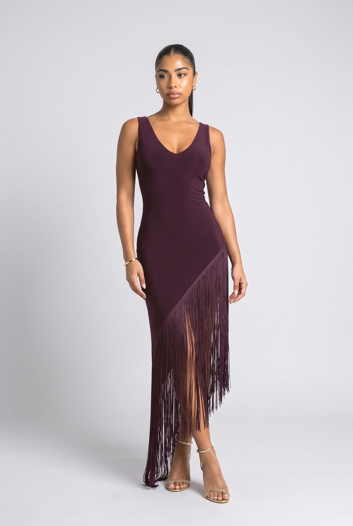 V-Neck Fringe Maxi Dress, purple
