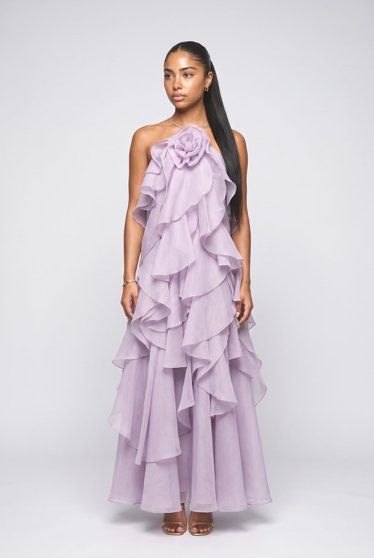 3D Flower Ruffle Halter Maxi Dress, purple