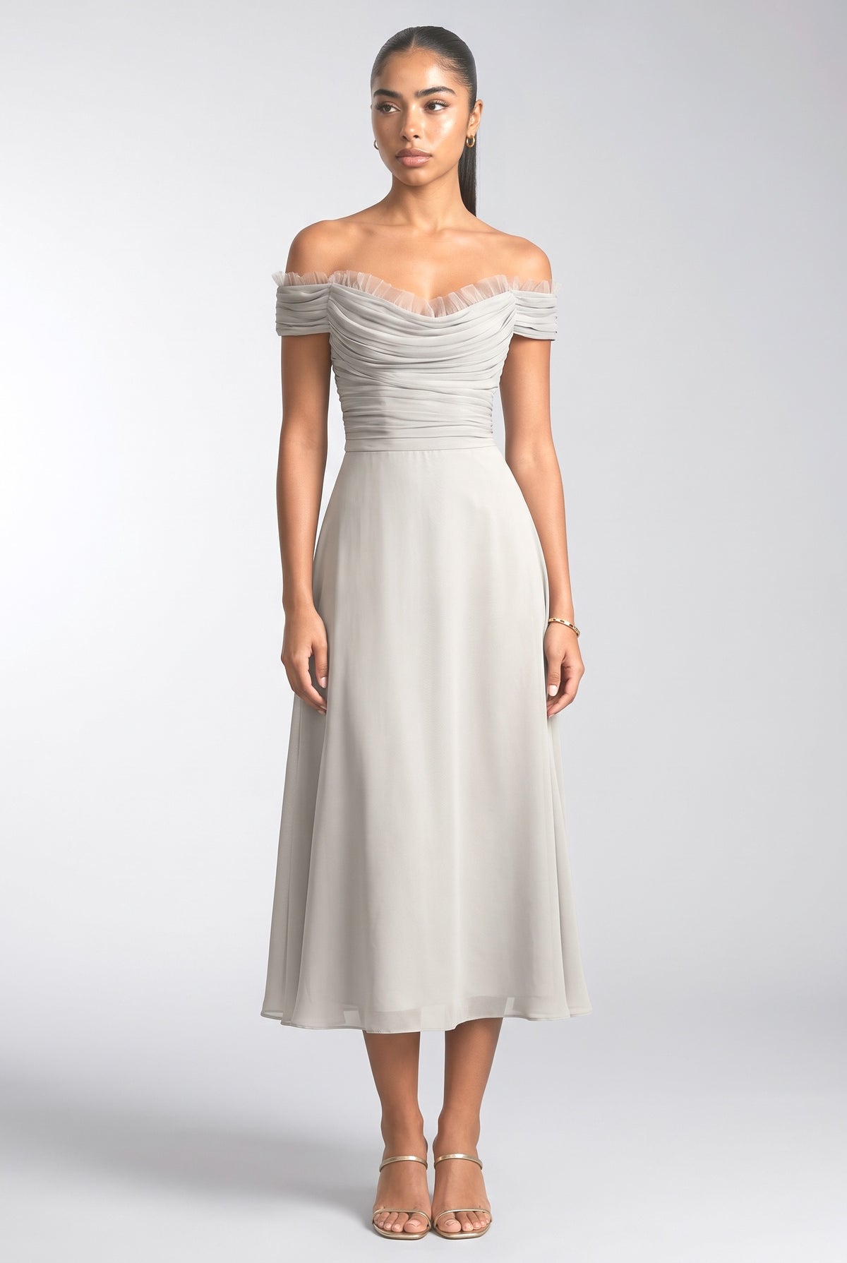 Purple Chiffon Off-Shoulder Sleeveless A-Line Midi Dress, purple