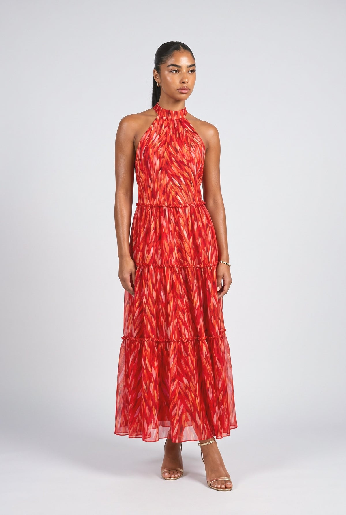 Abstract Halter Neck Tiered Maxi Dress, red set