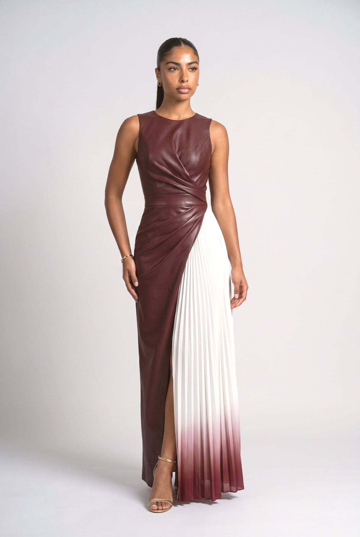 Red Colorblock Pleated Maxi Dress, red