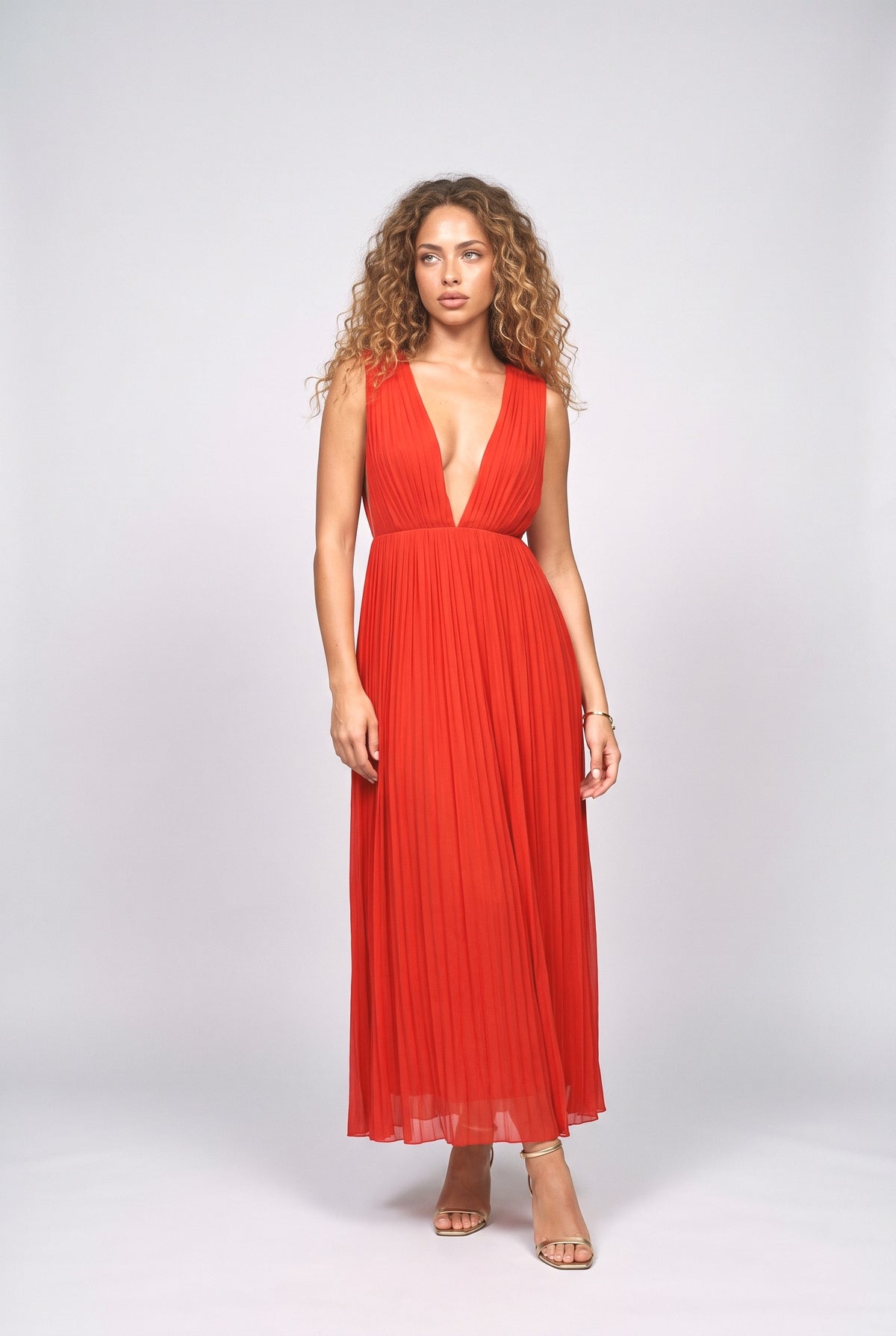 Deep V-Neck Maxi Dress, red