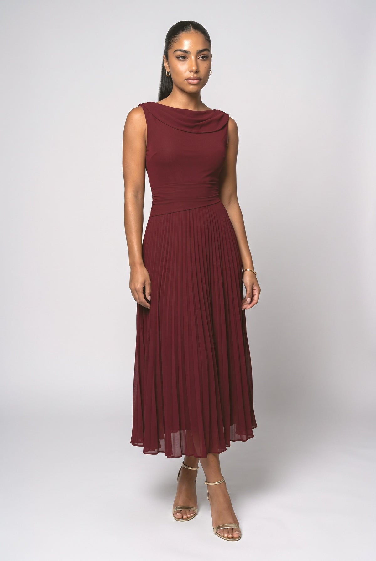 Pleated Midi Dress, red