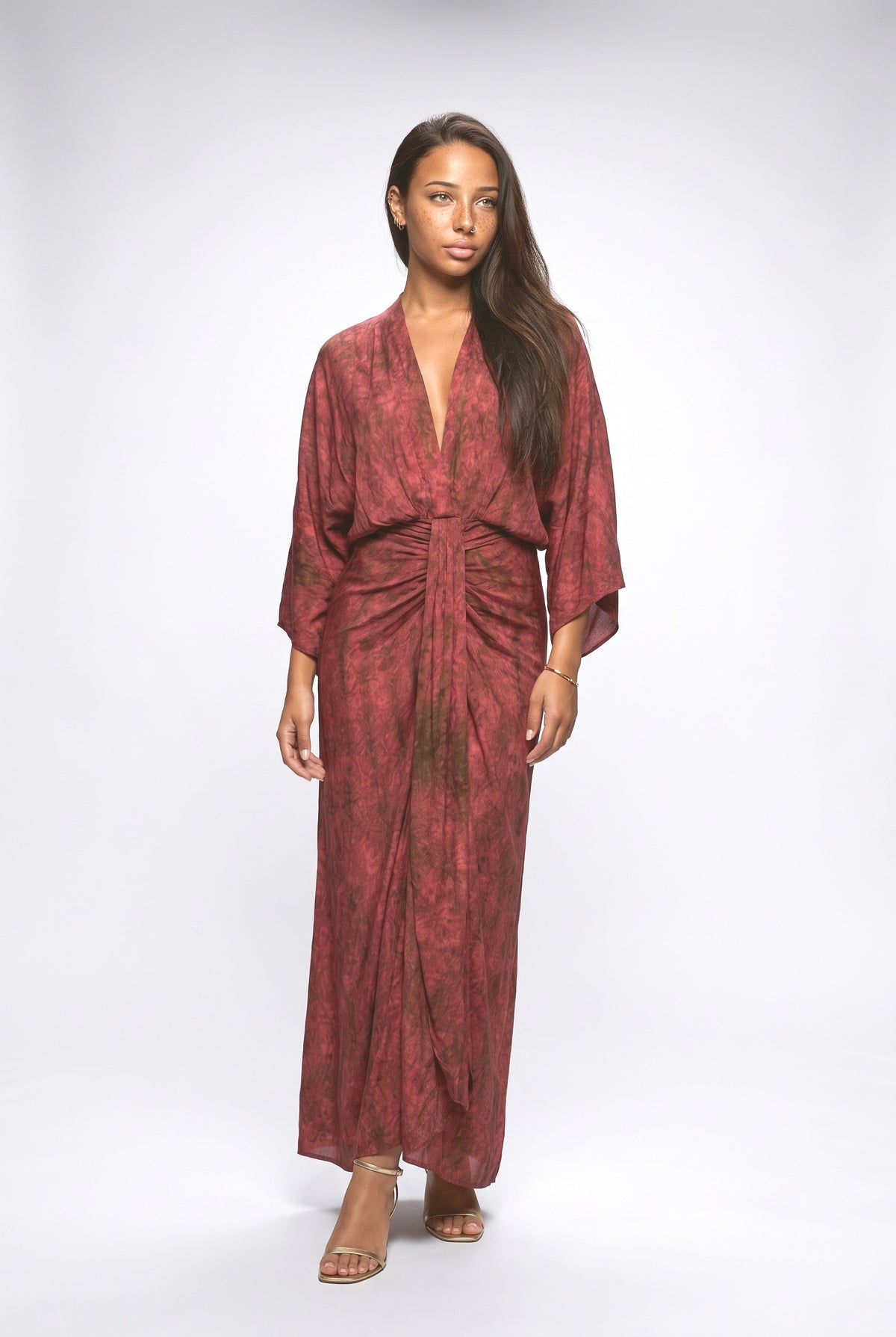 Bohemian Kimono-Inspired Tie-Dye Print Waist-Tie Maxi Dress, red