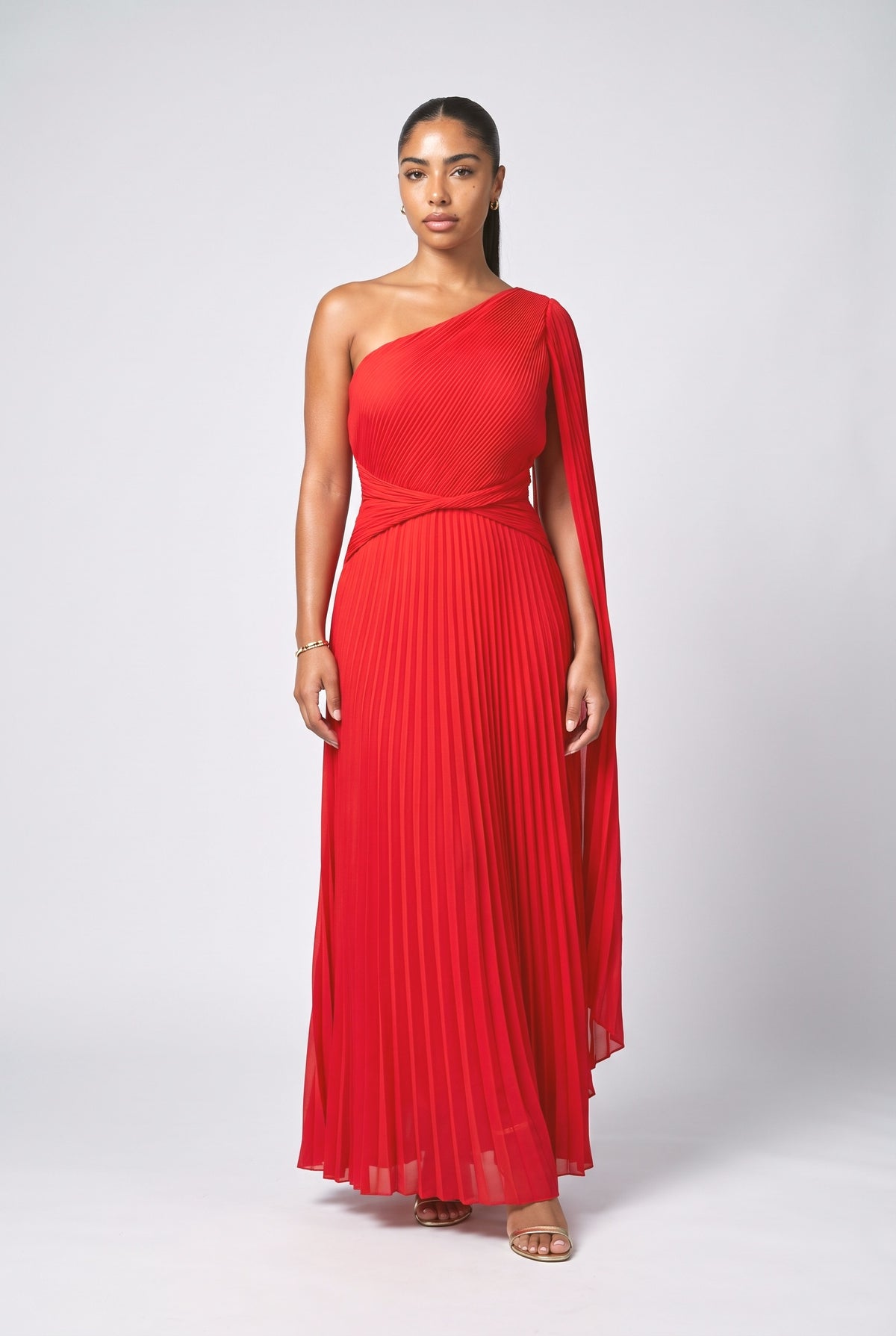 Flowing Pleated Off-the-Shoulder Maxi Dress, red