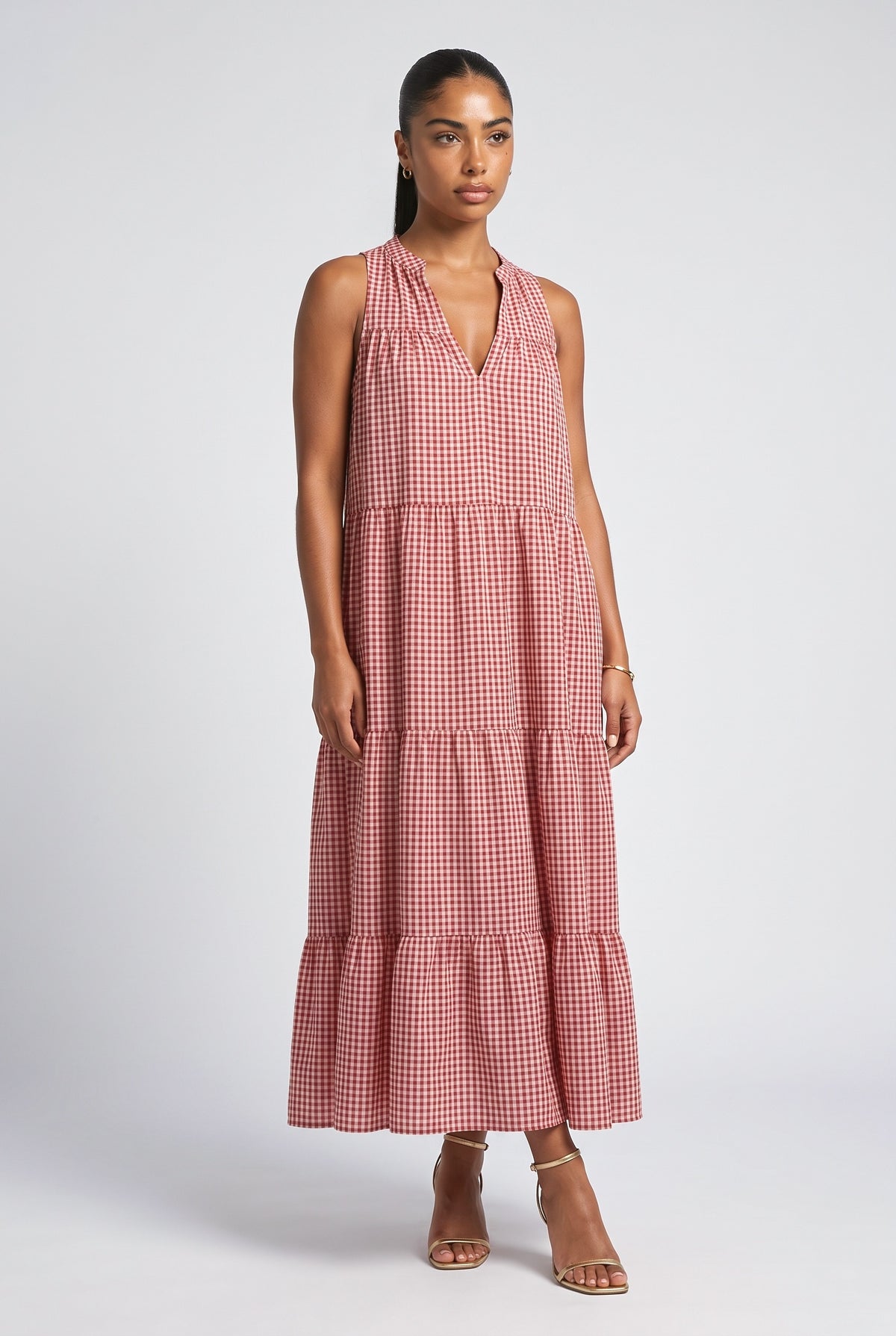 Red Striped Pleated Maxi Dress, red