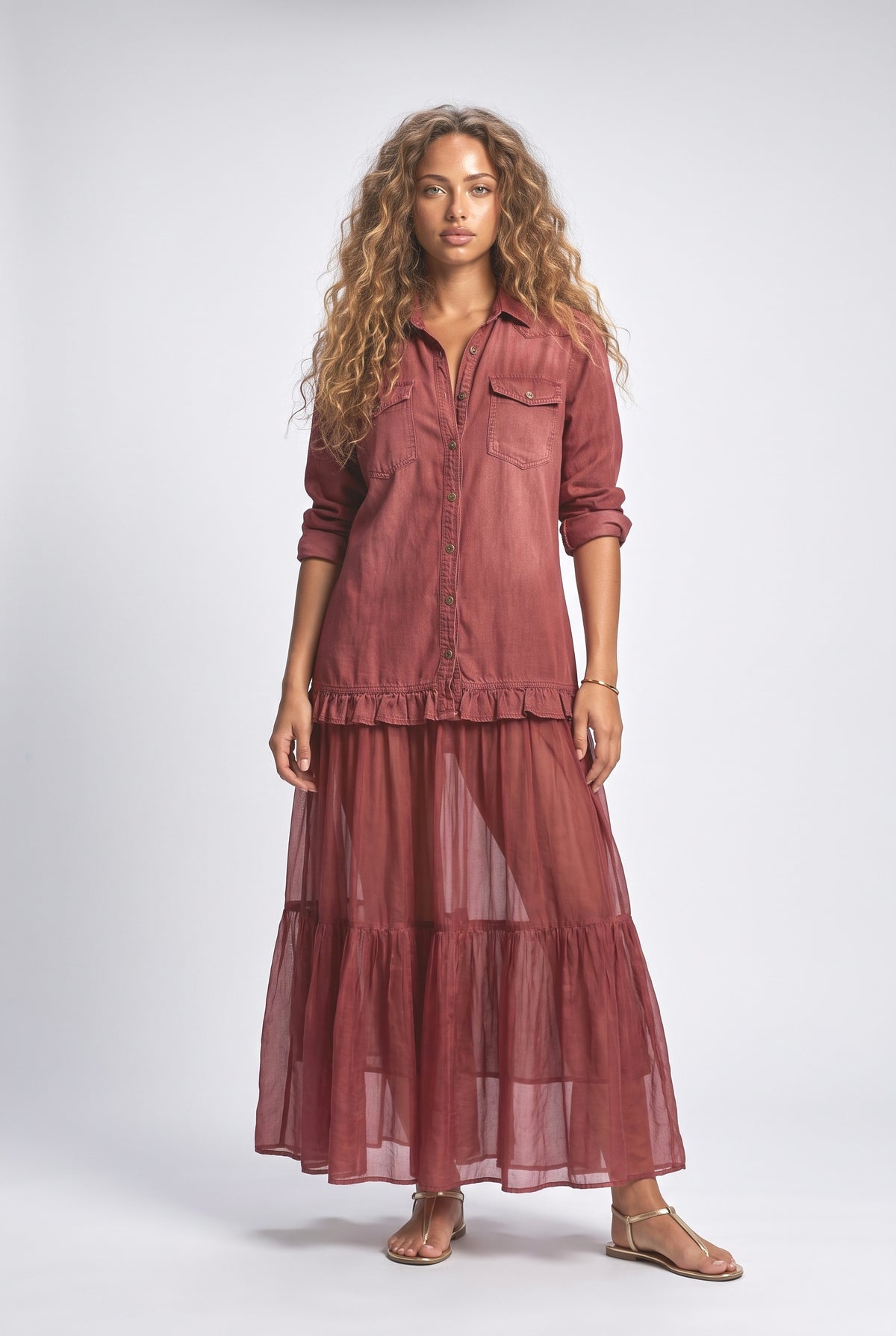 Denim Ruffle Maxi Dress, red