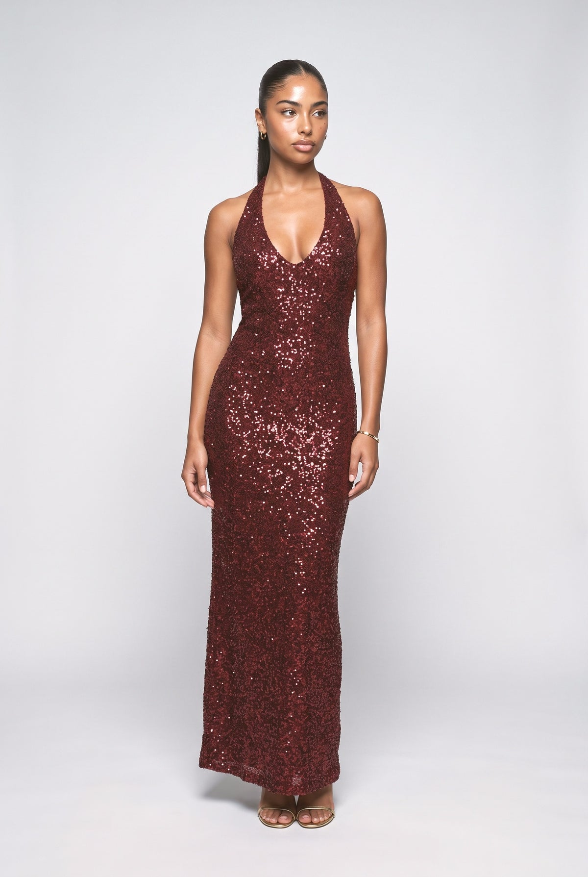Red Sequin V-Neck Maxi Dress, red