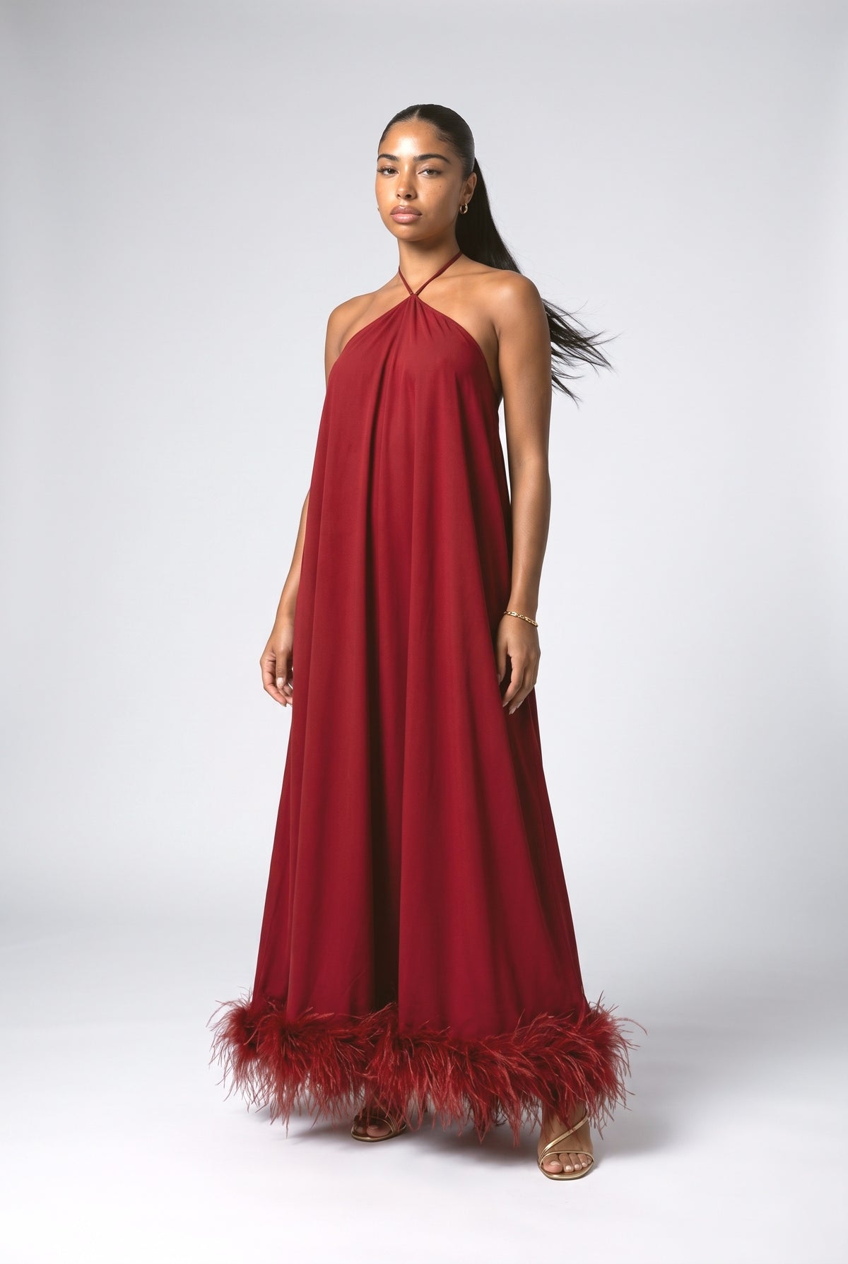 Halter Neck Feather Trim Maxi Dress, red