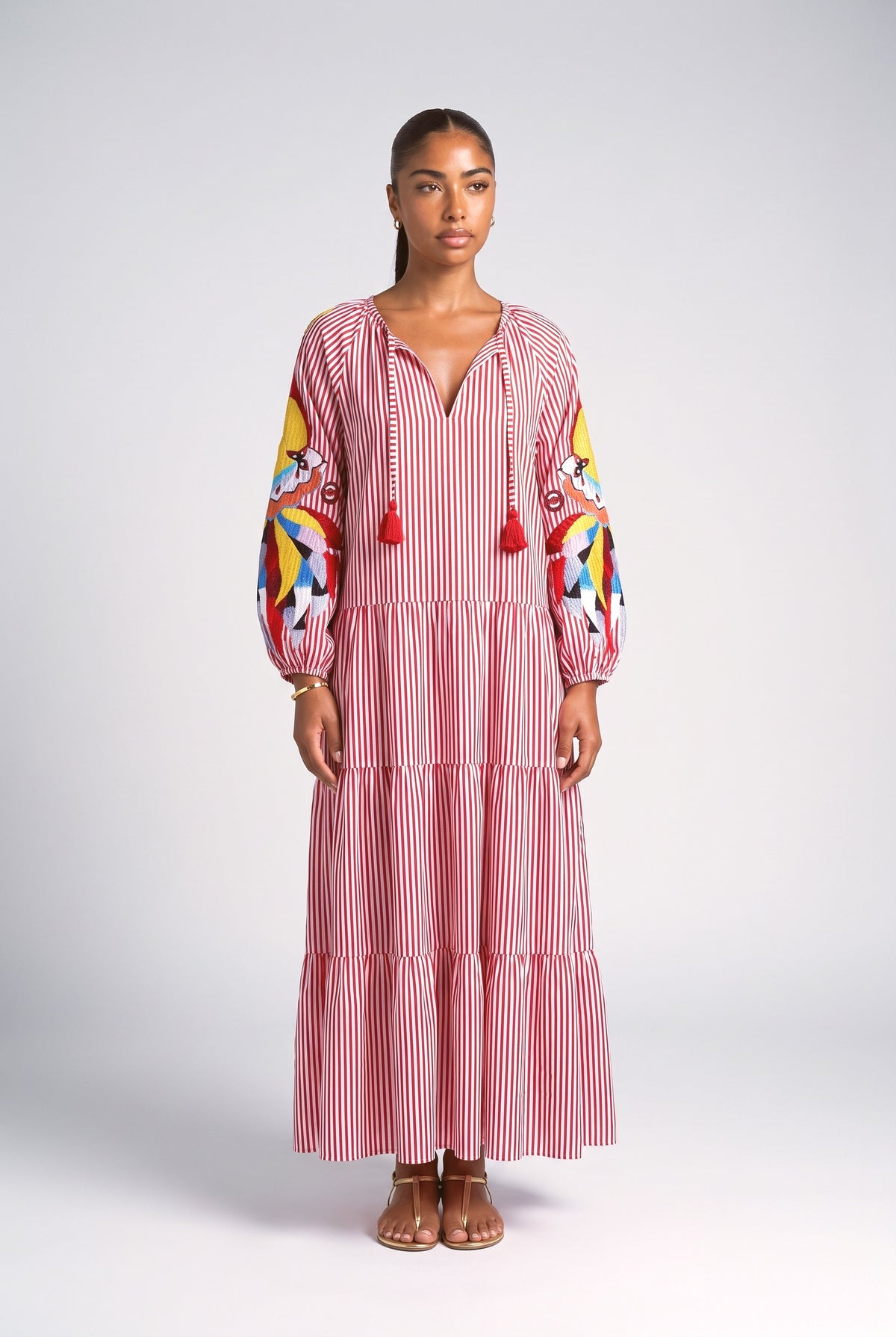 Striped V-Neck Relaxed Maxi Dress, red