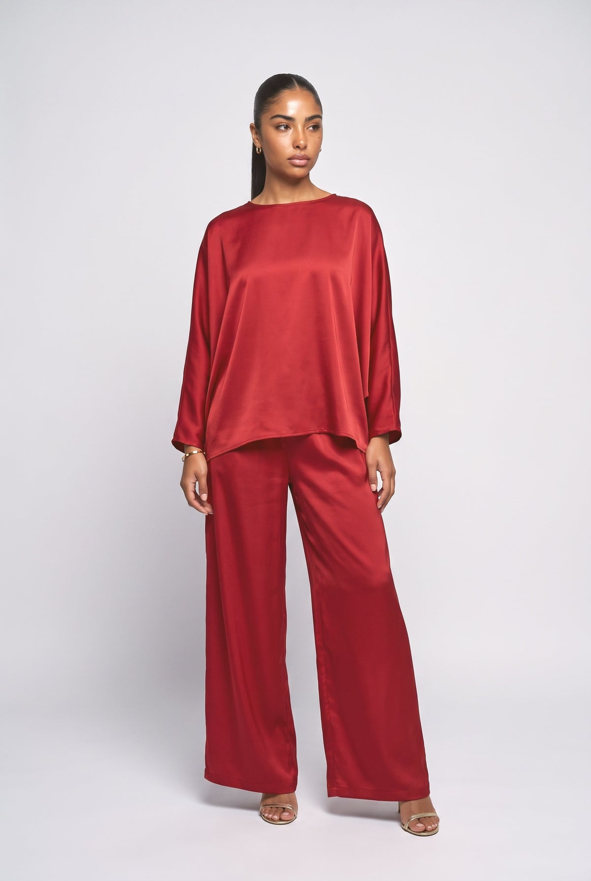 Satin Batwing Sleeve Top Two-Piece Set, red