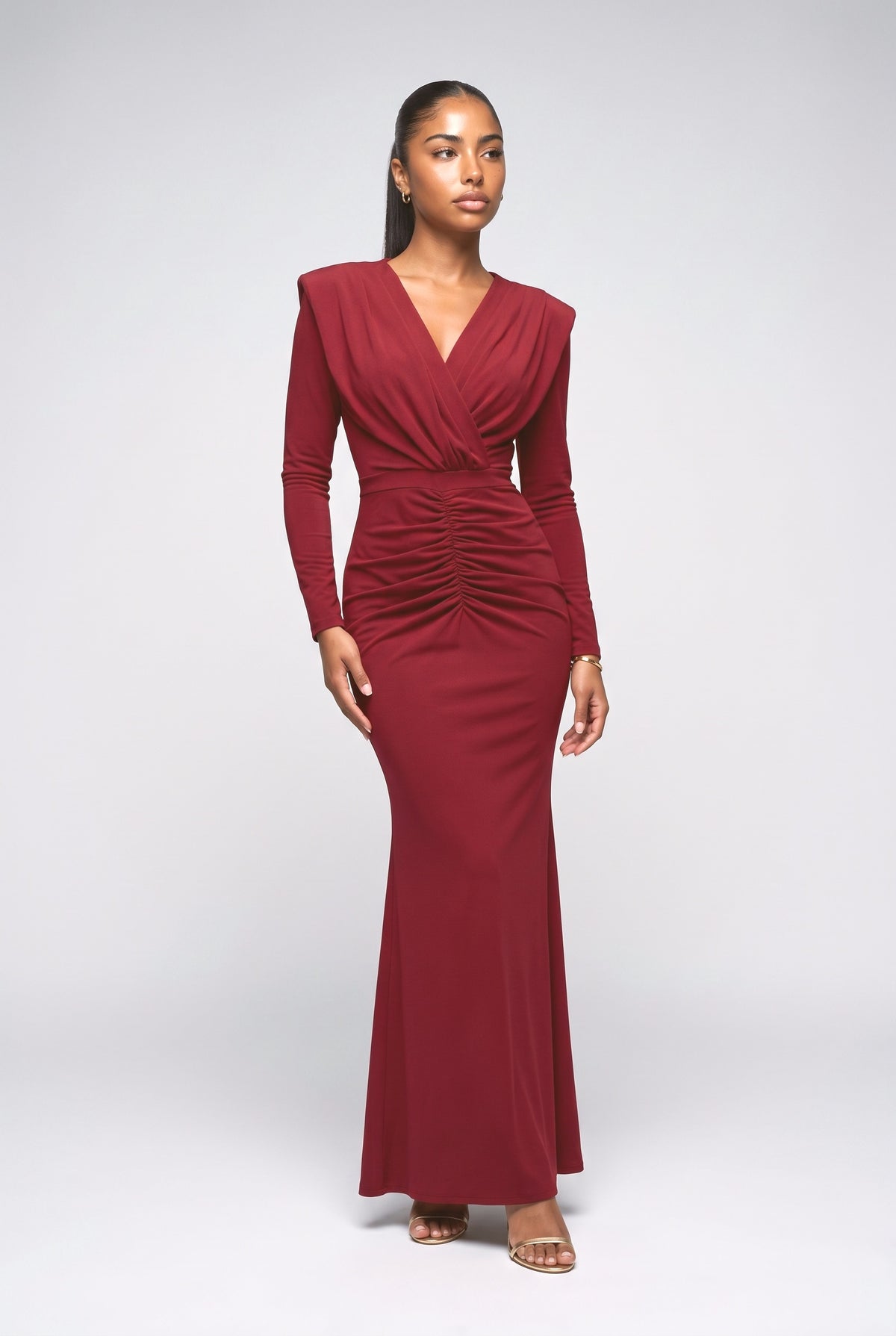 V-Neck Pleated Maxi Dress, red