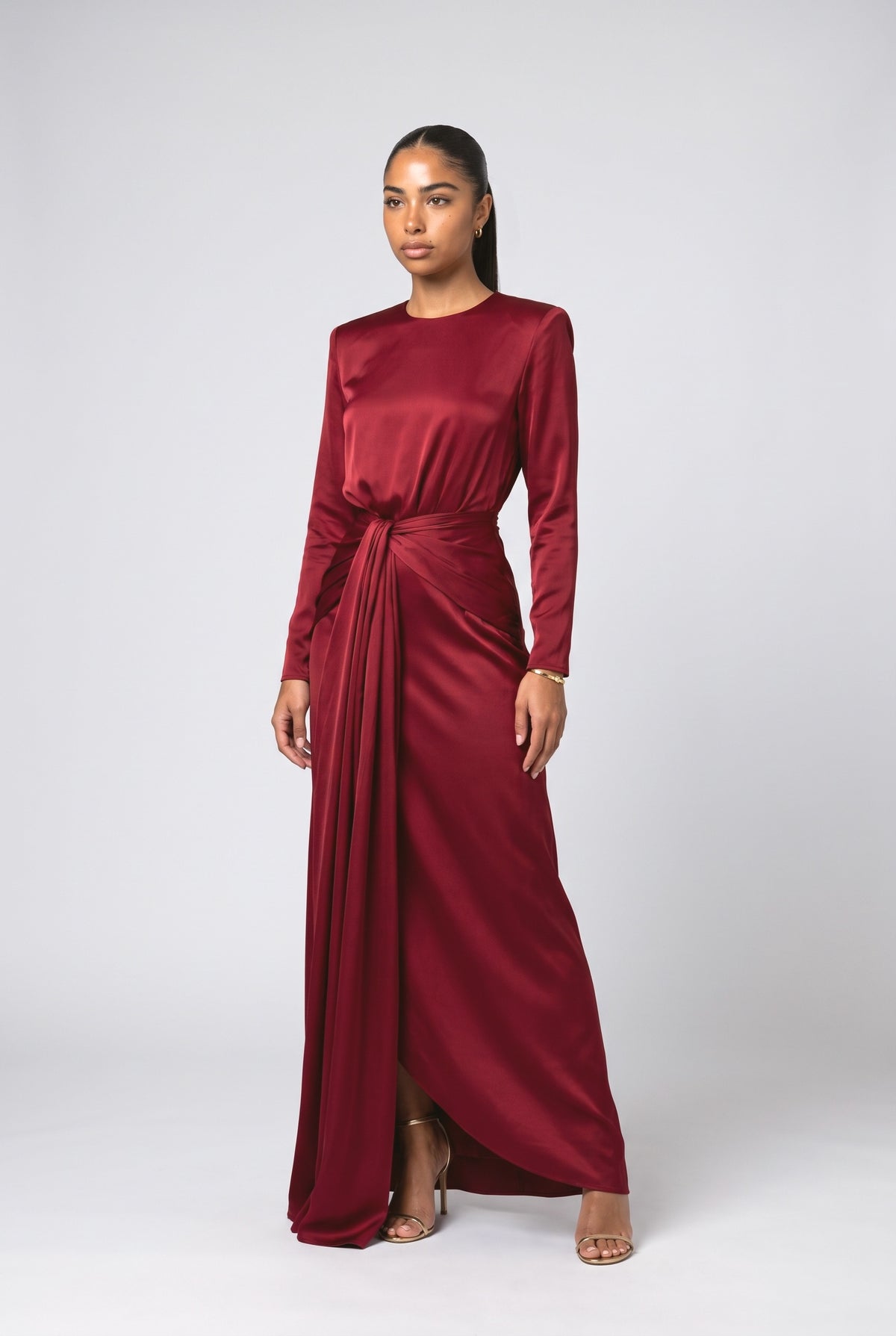 Satin Draped Maxi Dress, red