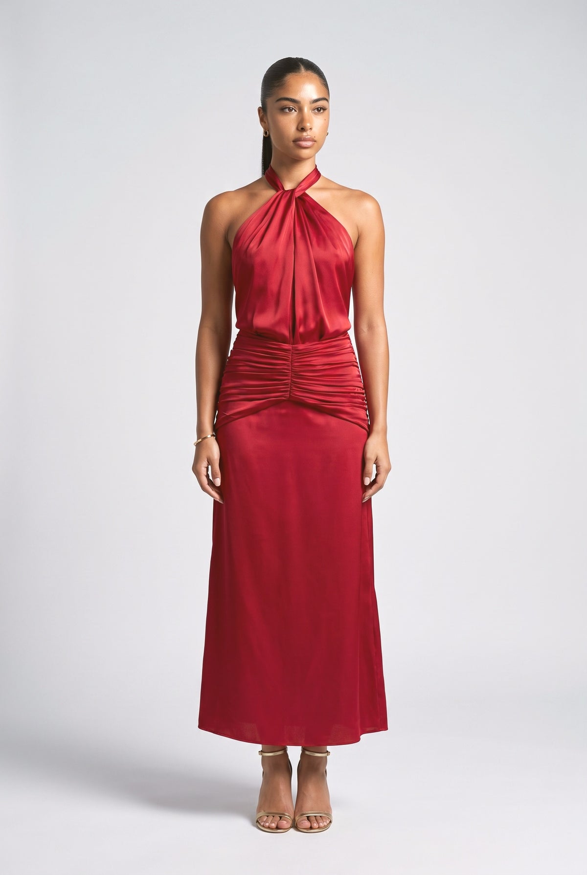 Satin Pleated Maxi Dress, red