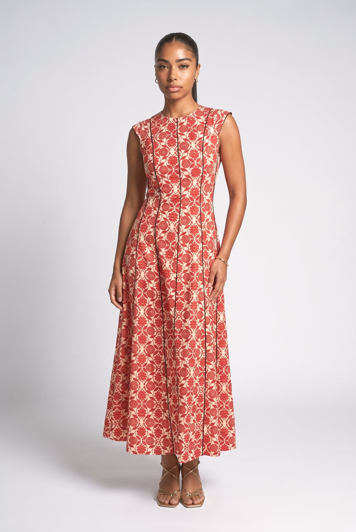 Fly-Sleeve Color Contrast Printed Maxi Dress, red