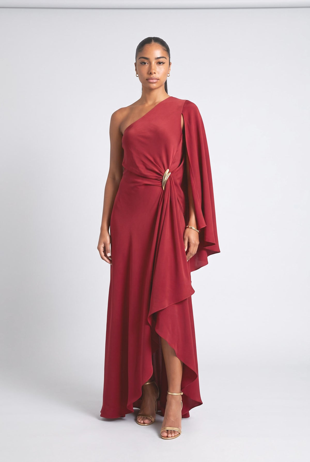 Red One-Shoulder Draped Maxi Dress, red