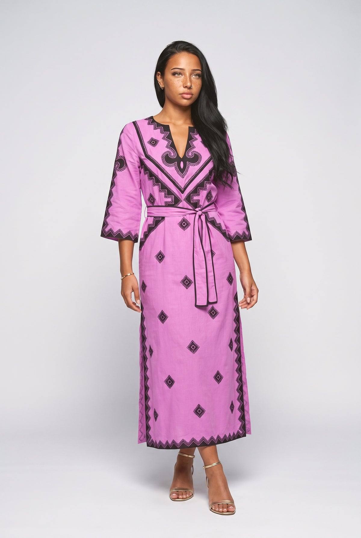 Bohemian Style Print Belted Midi Dress, rose red
