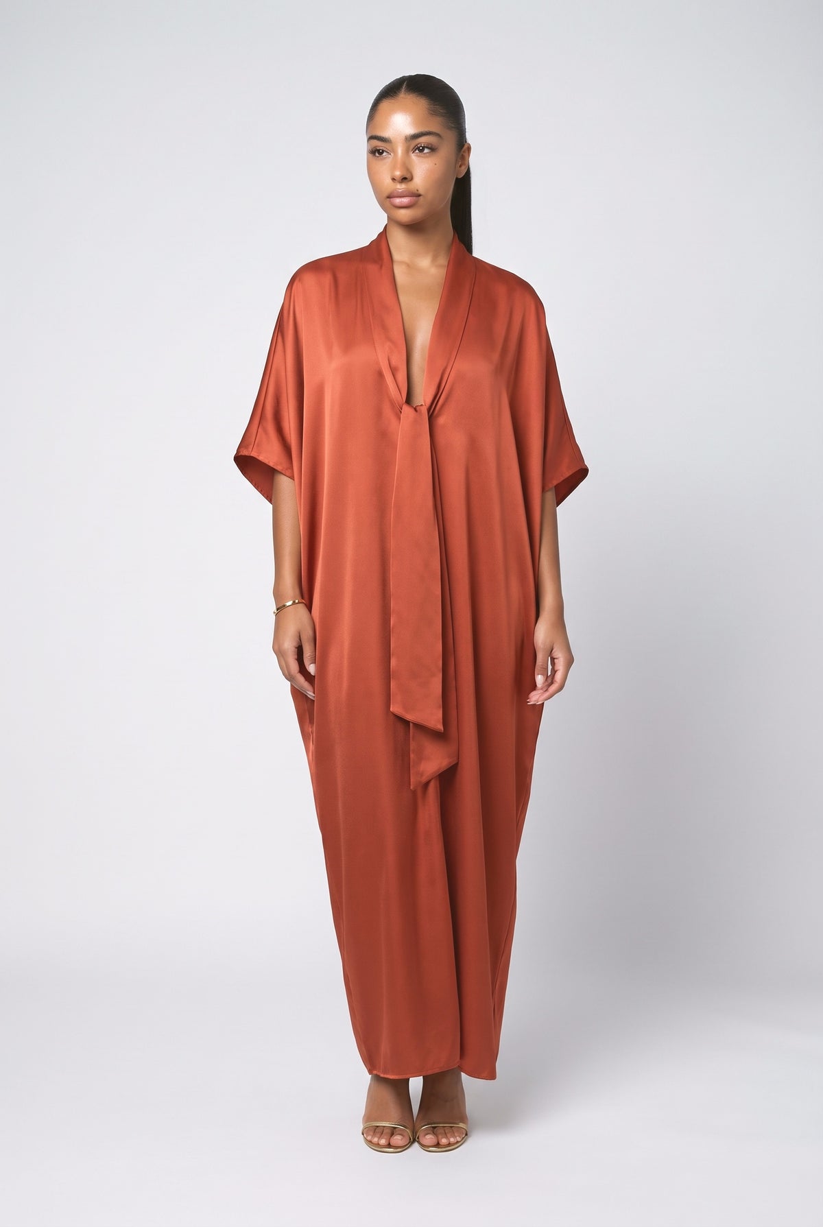 Silky Satin Robe Maxi Dress, rust