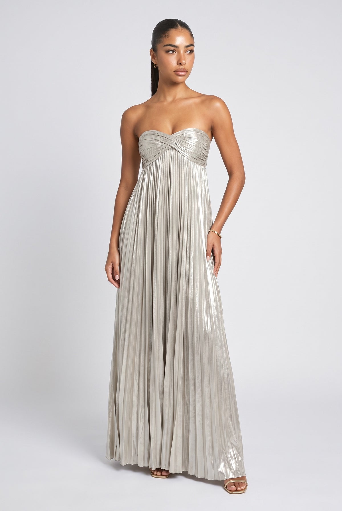 Silver Off-Shoulder Pleated Maxi Dress, silver
