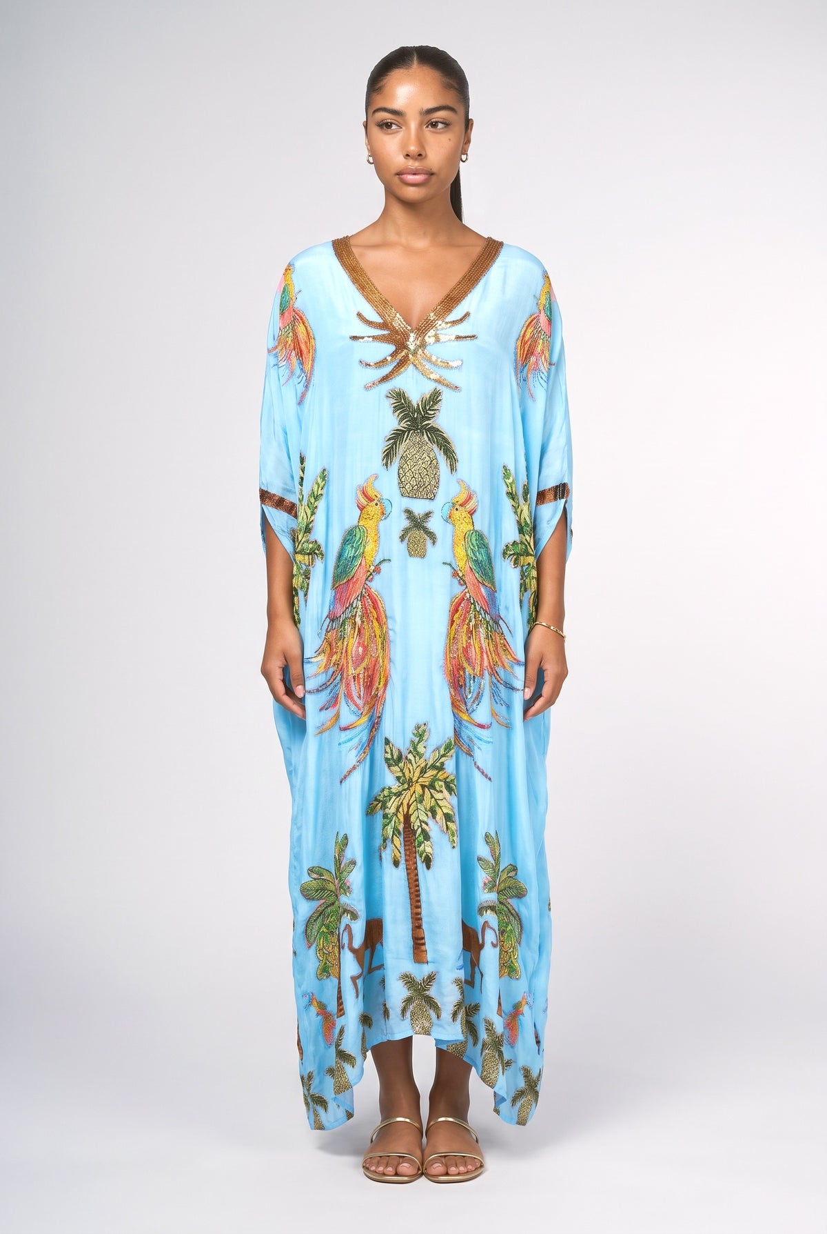 Drop Shoulder Sleeve Coconut Tree Printed Dress, sky blue