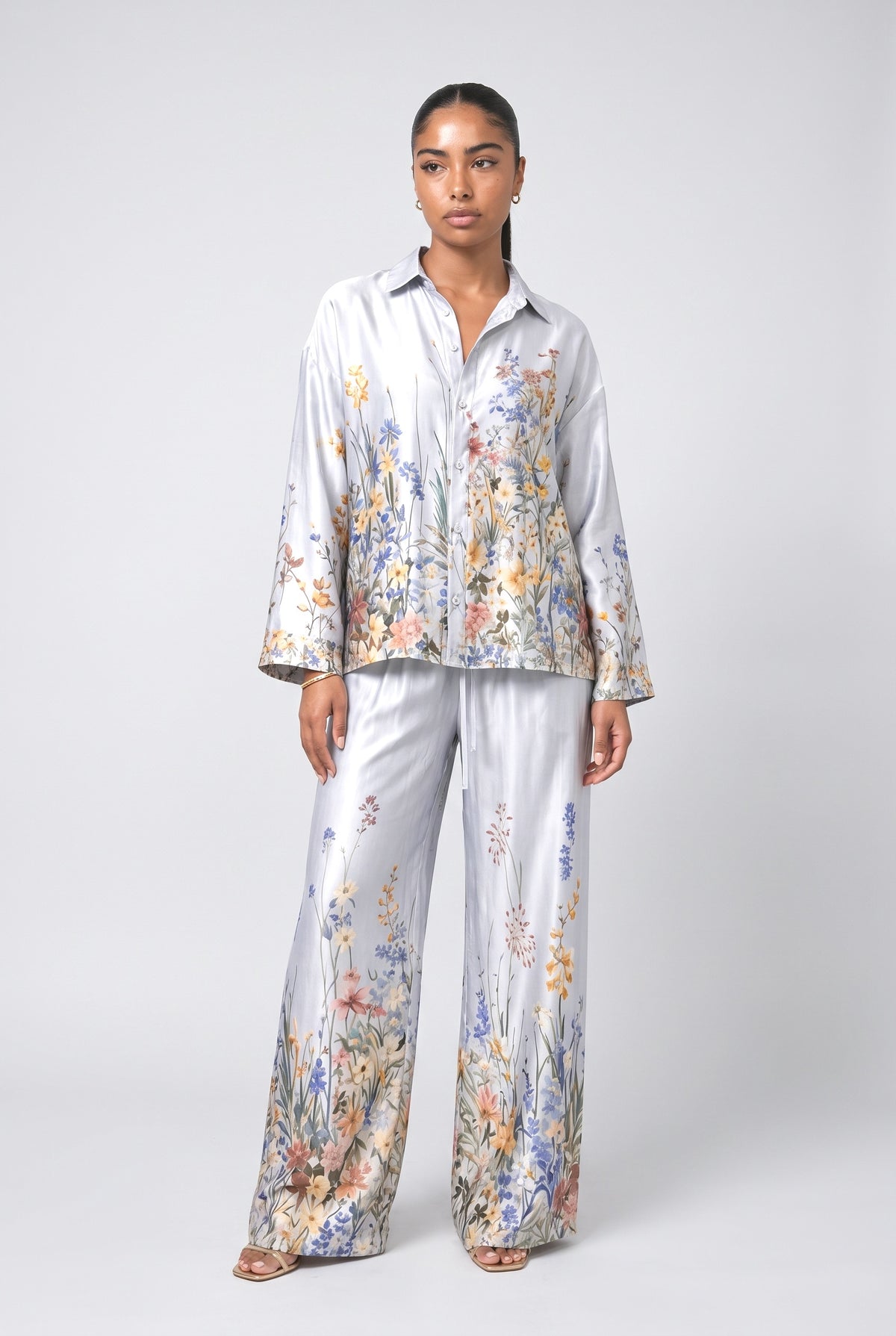 Floral Satin Outfit Set, white set