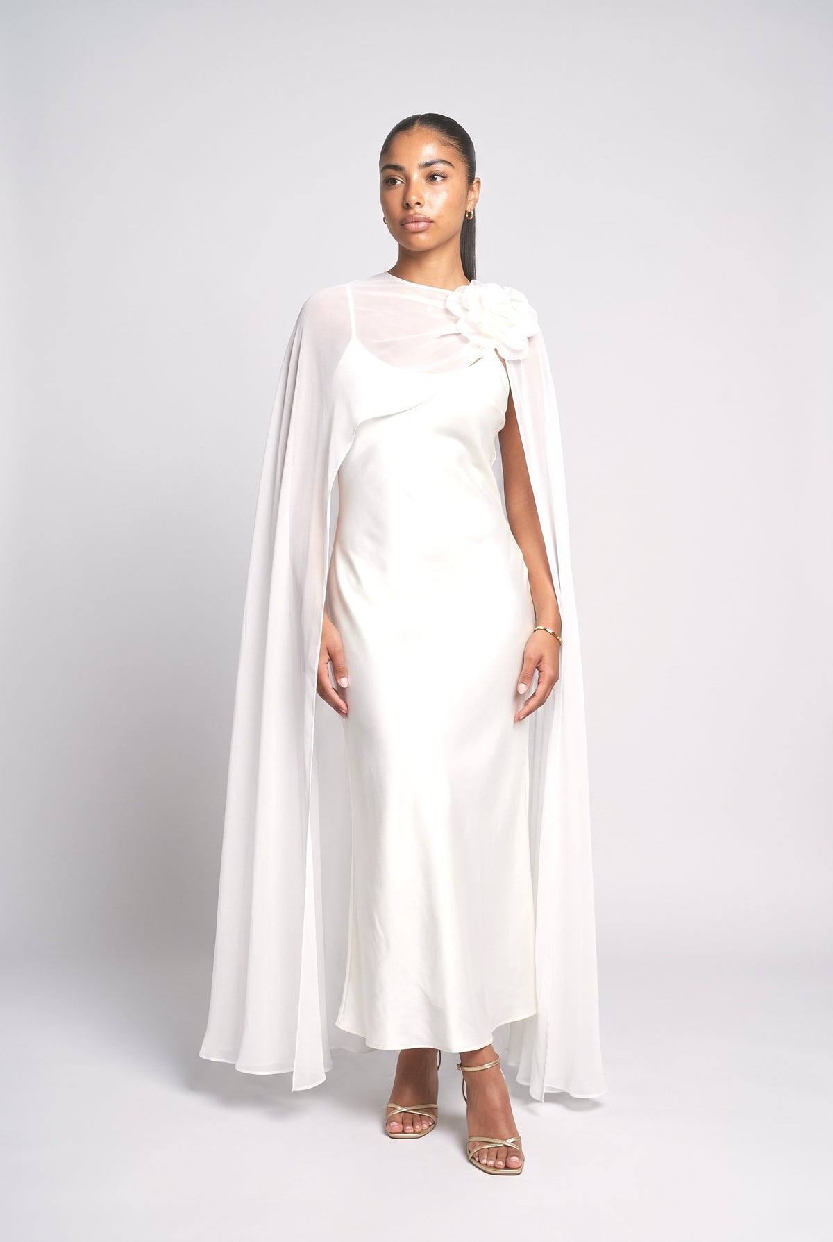 Satin and Sheer Chiffon Cape Maxi Dress, white
