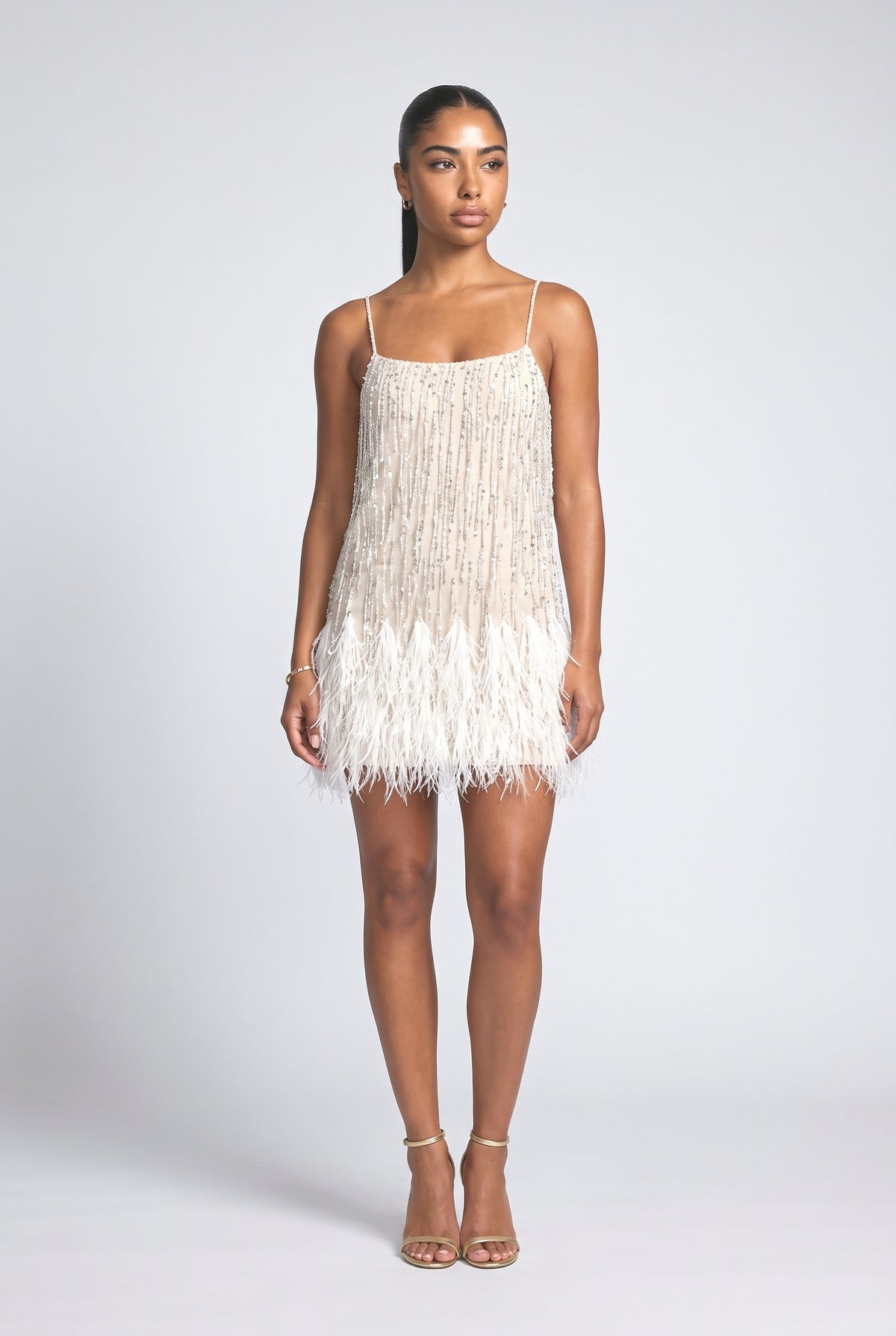 White Sequin Fringe Mini Dress, white