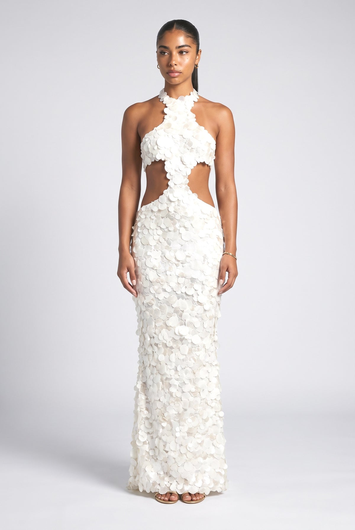 White Sequin Halter Neck Mermaid Maxi Dress, white