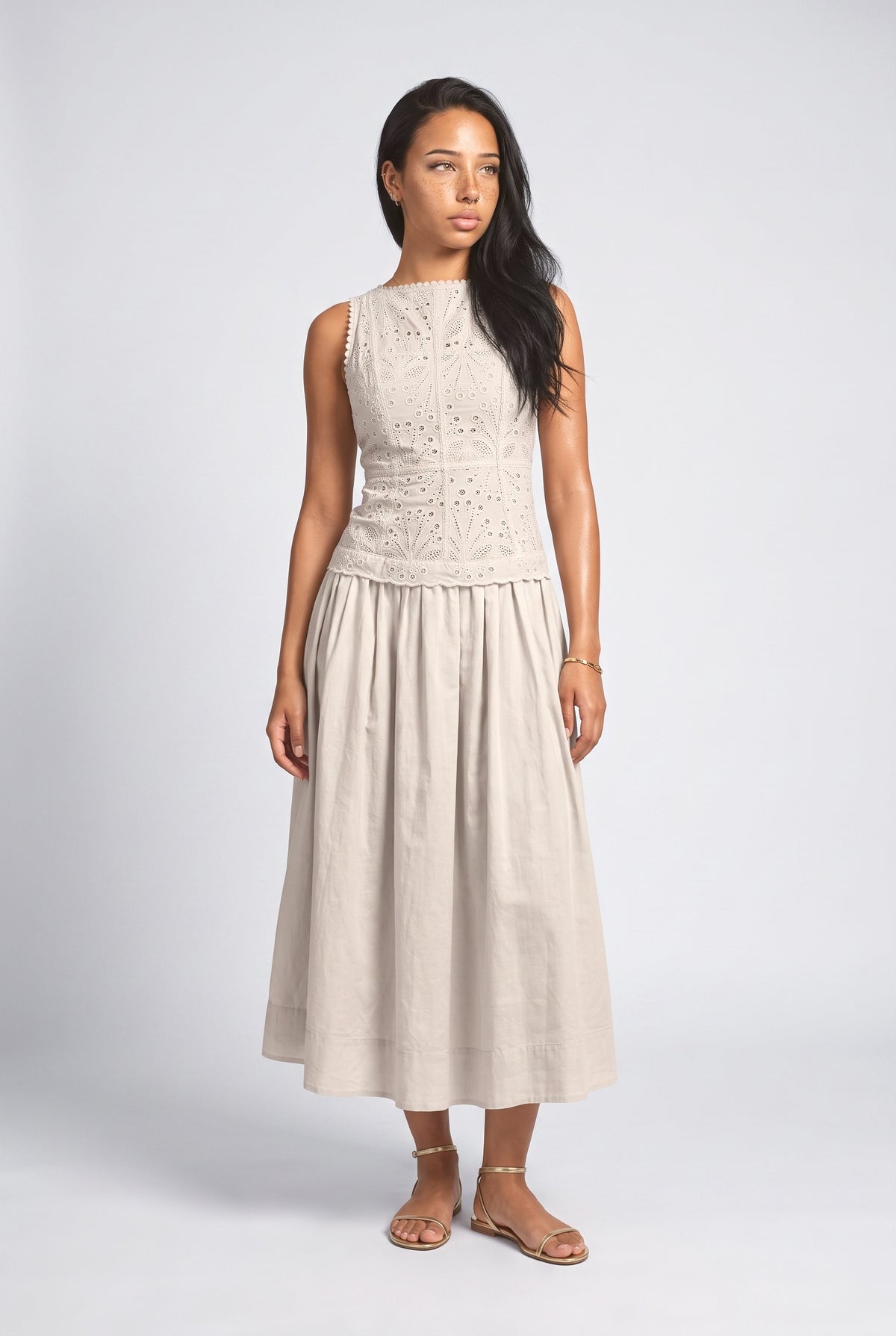 White Lace Sleeveless Midi Dress, white